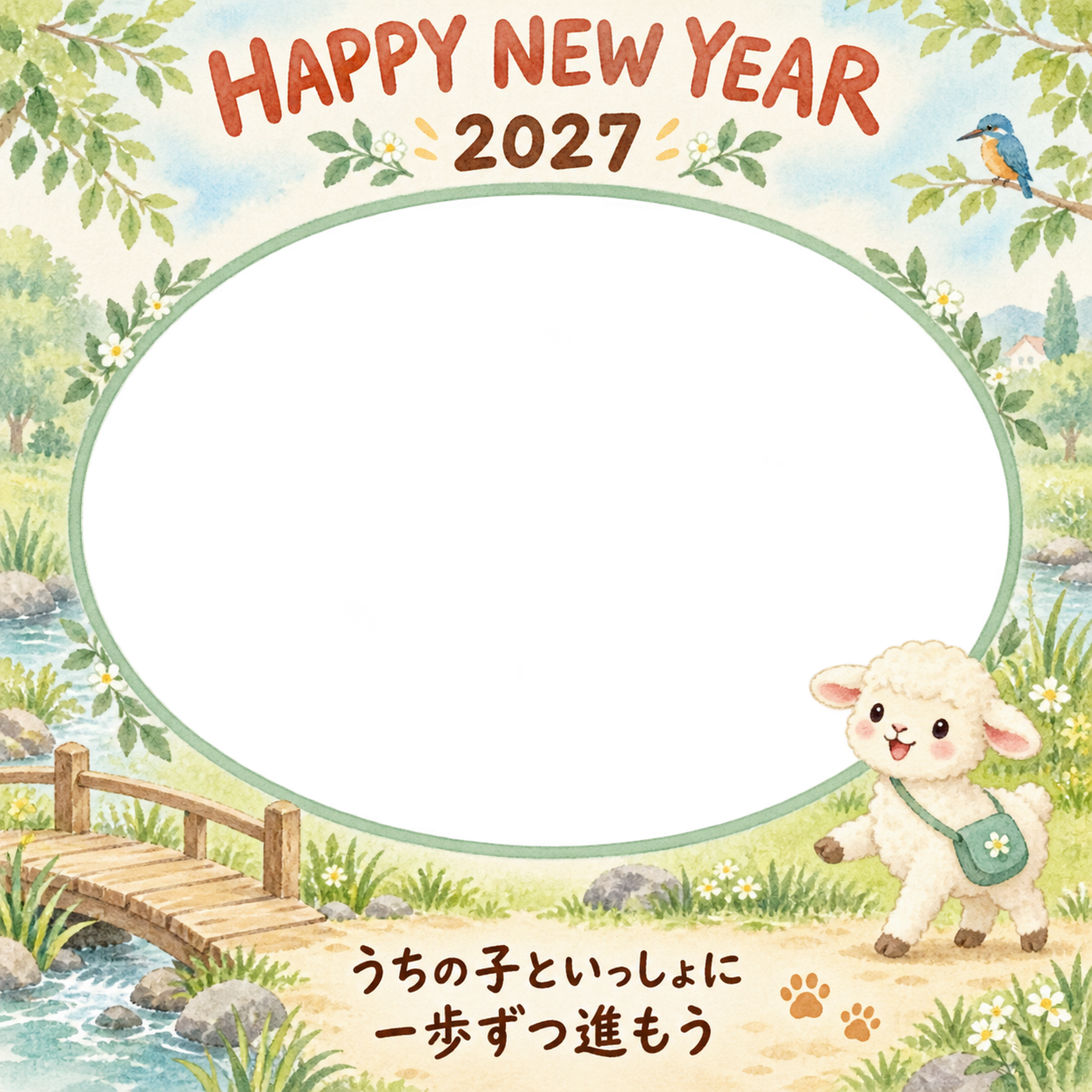 小さな橋を渡る羊のペット写真年賀状｜2027未年・無料イラスト 98682に写真・文字を入れる