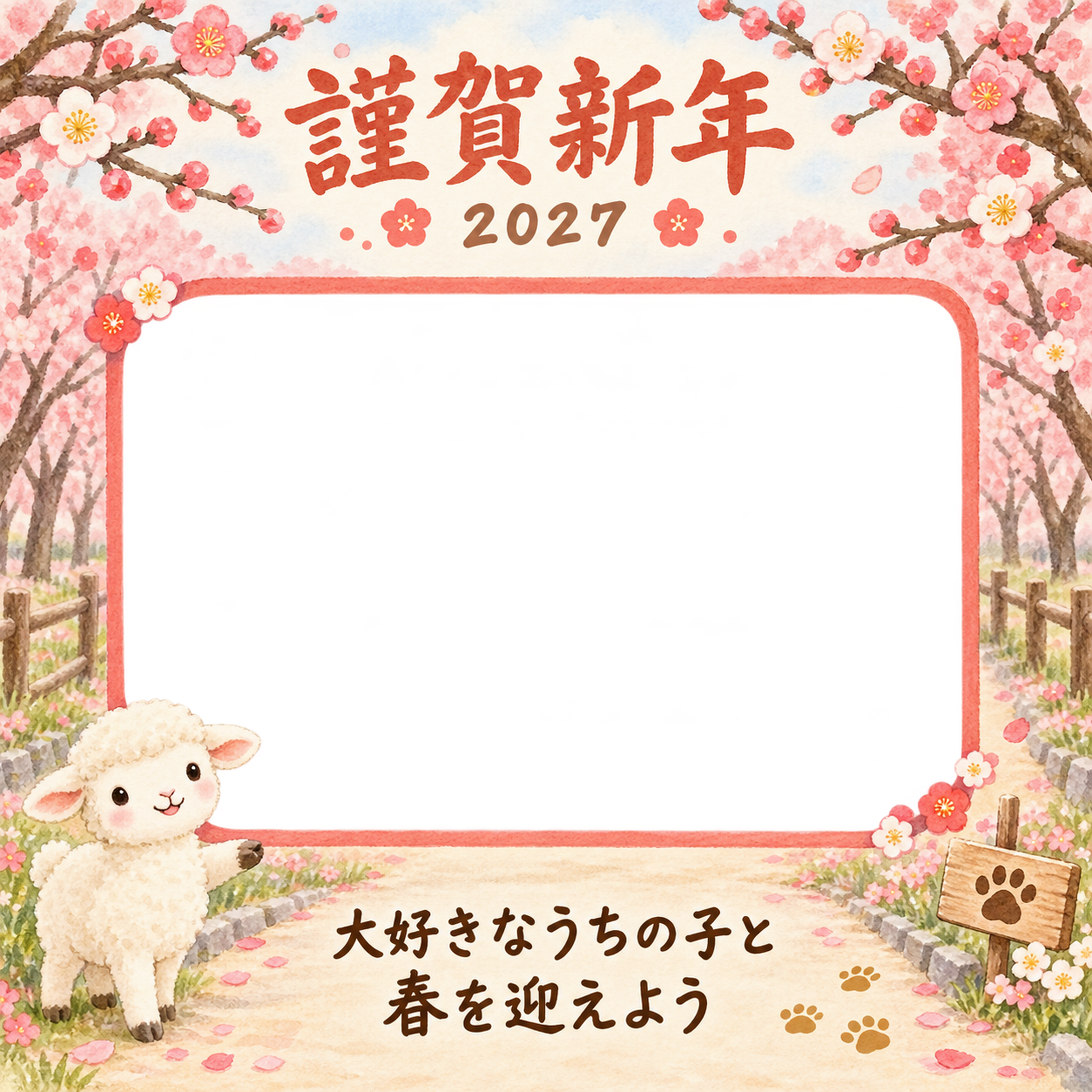 梅の並木道と羊のペット写真年賀状｜2027未年・無料イラスト 98683に写真・文字を入れる