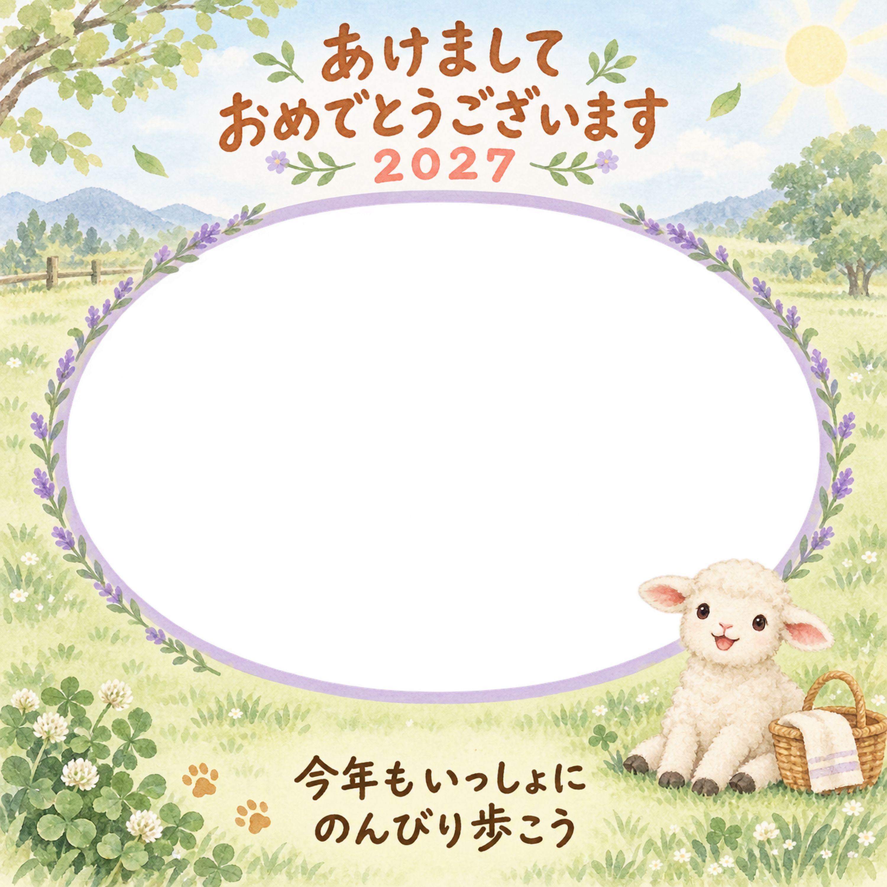 草原でひと休みする羊のペット写真年賀状｜2027未年・無料イラスト 98684に写真・文字を入れる