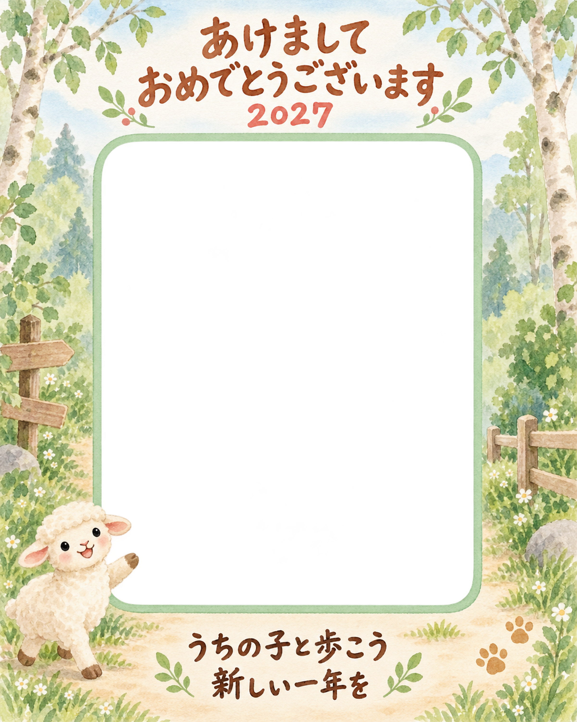 縦長の木の小道と羊のペット写真年賀状｜2027未年・無料イラスト 98686に写真・文字を入れる