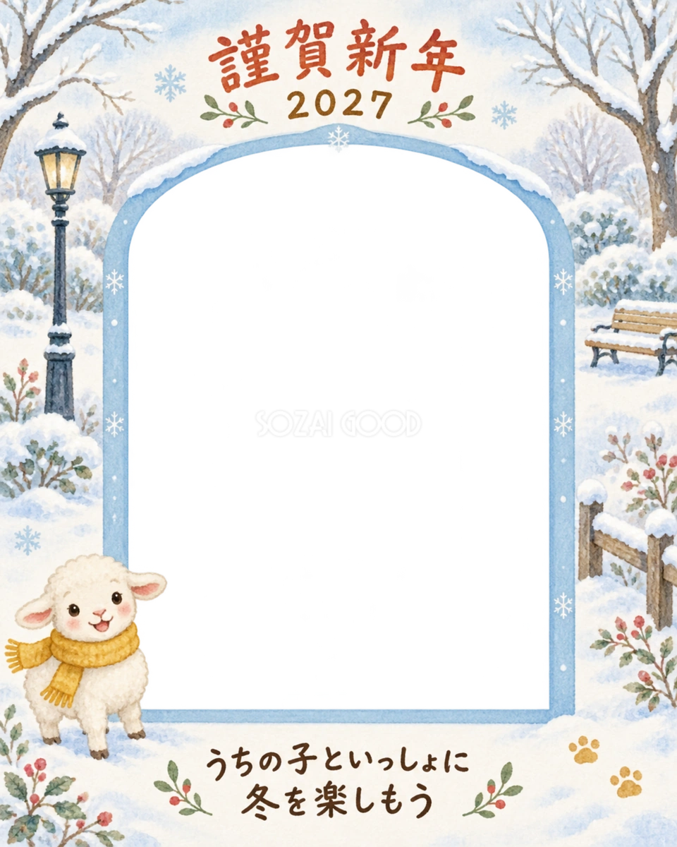 縦長の雪の公園と羊のペット写真年賀状|2027未年・無料イラスト 98688