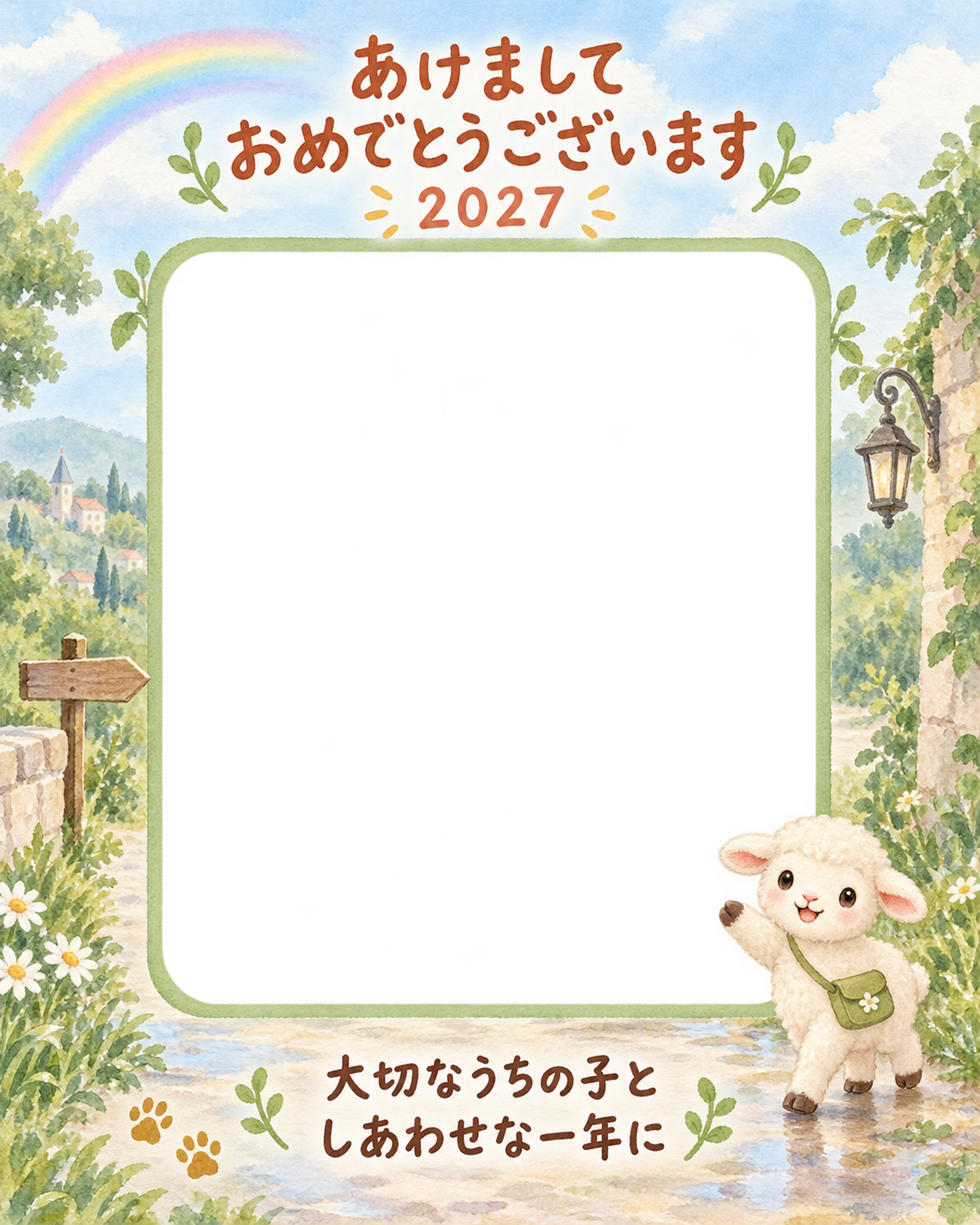 縦長の虹の帰り道と羊のペット写真年賀状｜2027未年・無料イラスト 98689に写真・文字を入れる