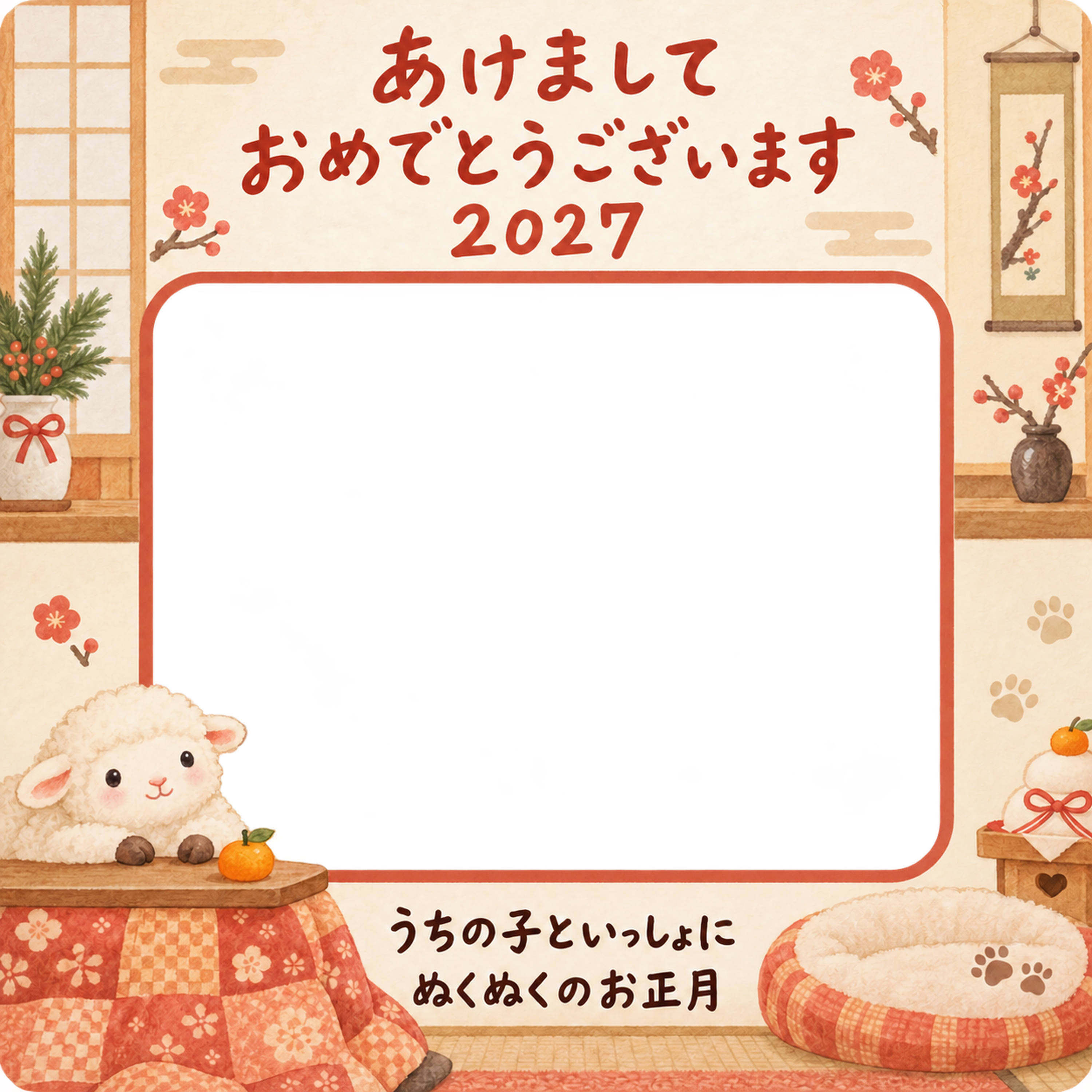 こたつでくつろぐ羊のペット写真年賀状｜2027未年・無料イラスト 98691に写真・文字を入れる