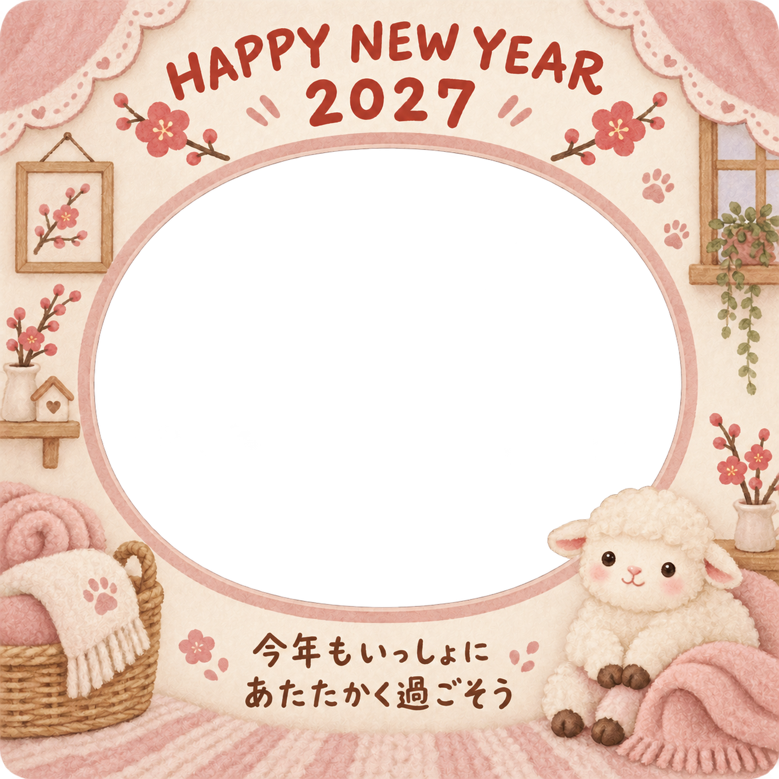 ふわふわ毛布と羊のペット写真年賀状｜2027未年・無料イラスト 98692に写真・文字を入れる