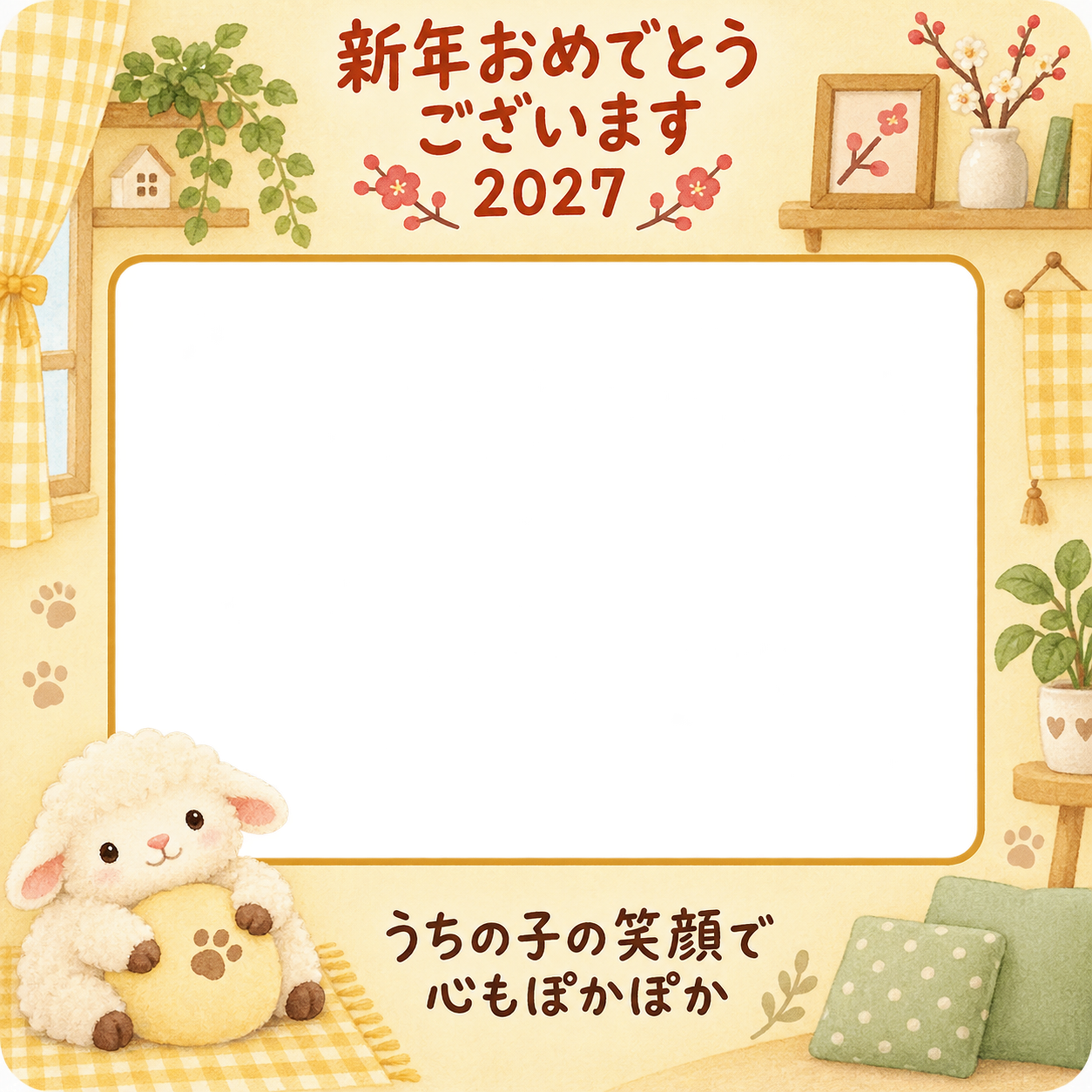 肉球クッションを抱く羊のペット写真年賀状｜2027未年・無料イラスト 98693に写真・文字を入れる