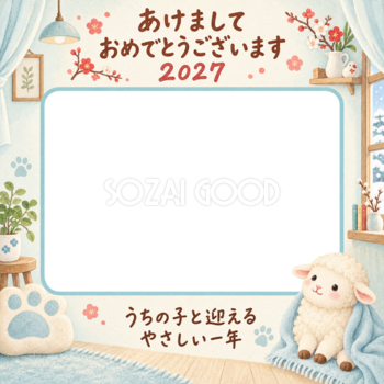 冬の窓辺と羊のペット写真年賀状｜2027未年・無料イラスト 98694