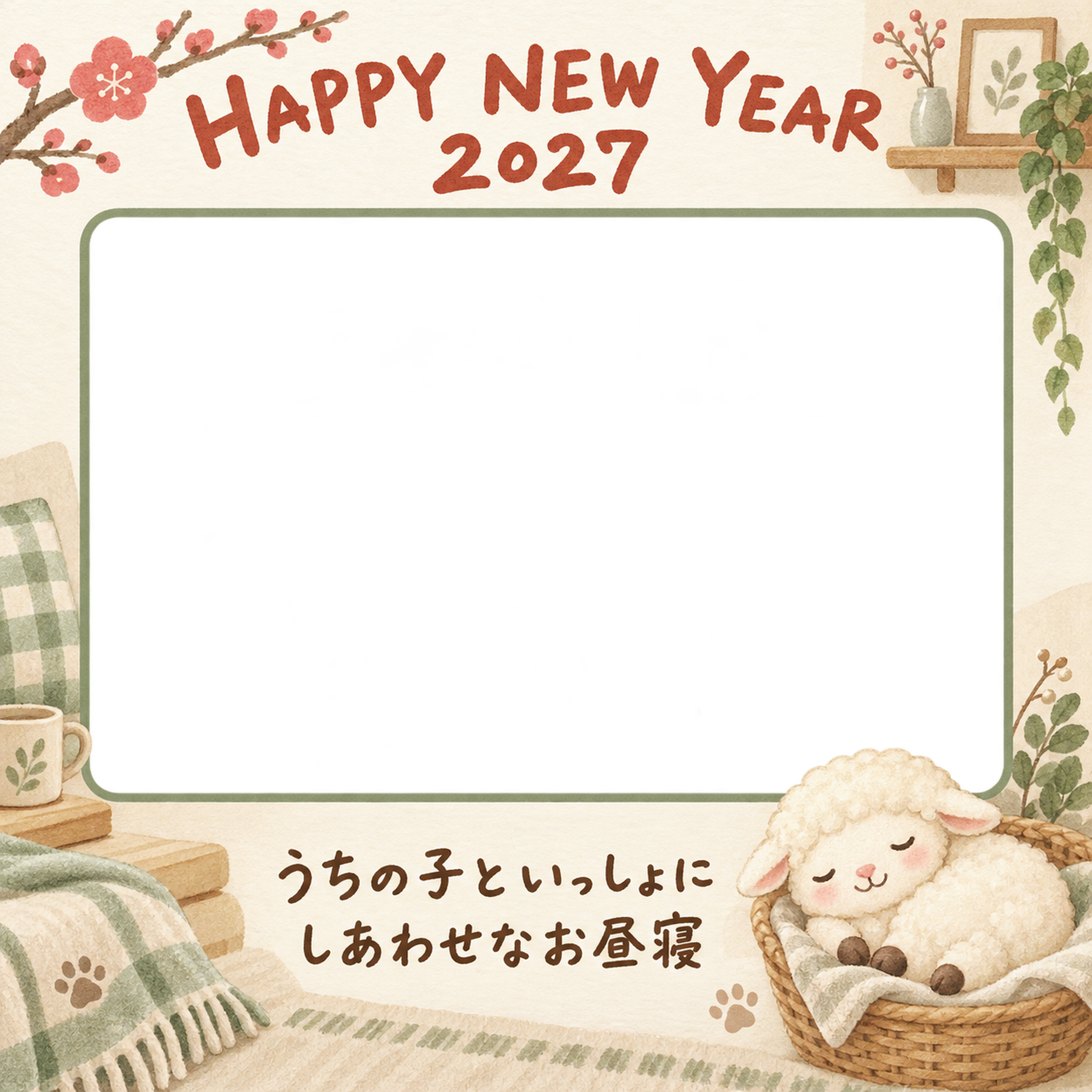 かごでお昼寝する羊のペット写真年賀状｜2027未年・無料イラスト 98696に写真・文字を入れる