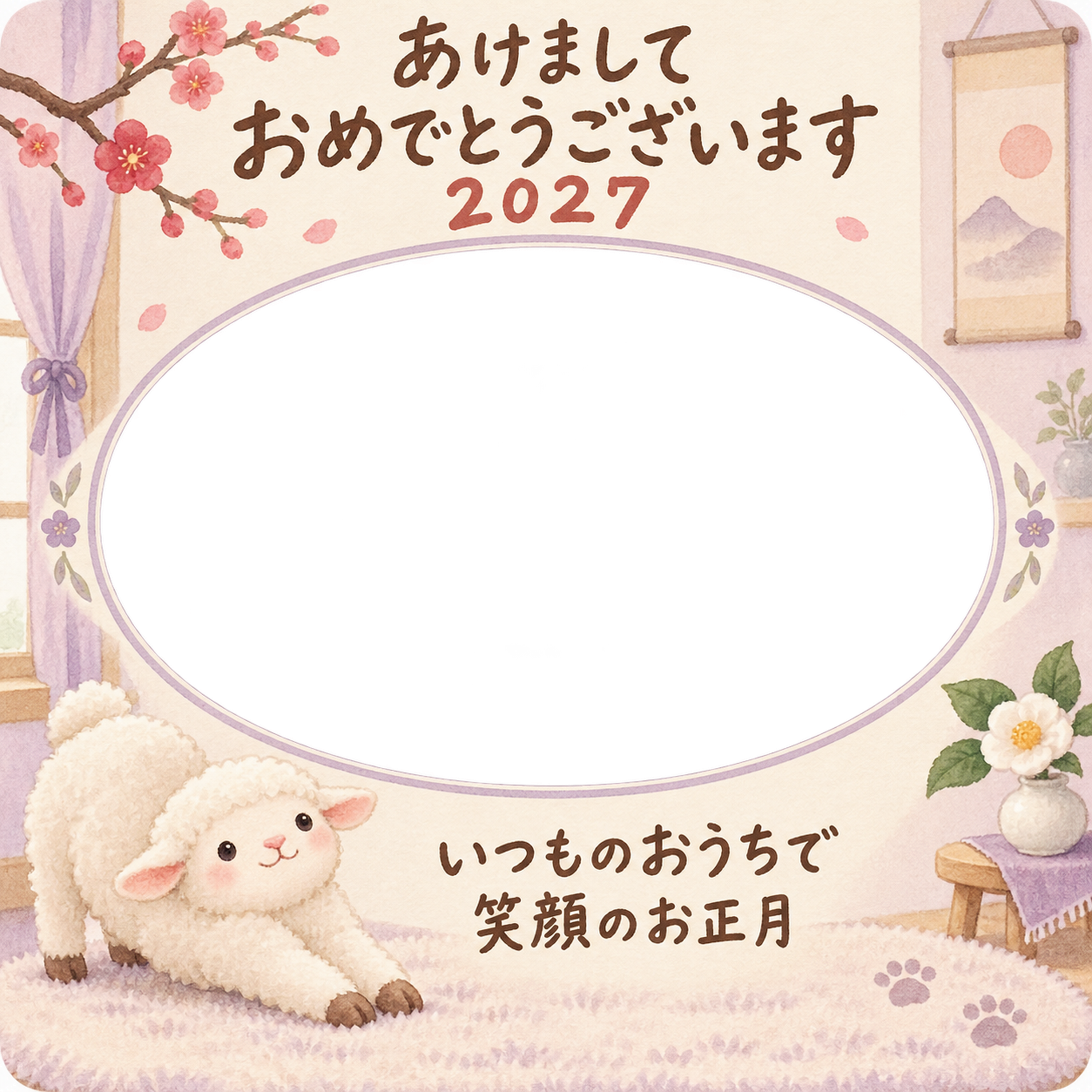 ラグで伸びをする羊のペット写真年賀状｜2027未年・無料イラスト 98697に写真・文字を入れる
