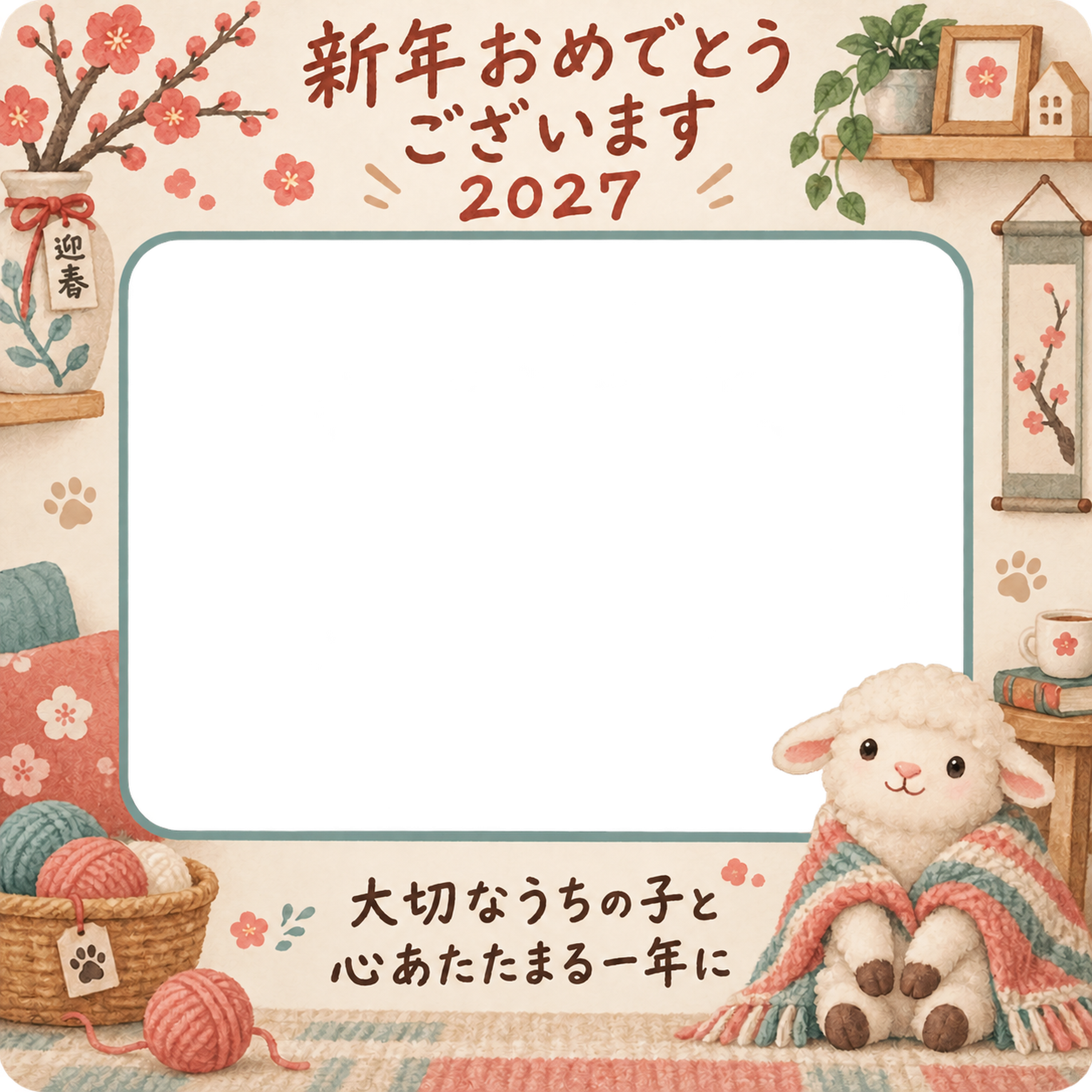 毛糸とひざ掛けの羊のペット写真年賀状｜2027未年・無料イラスト 98698に写真・文字を入れる
