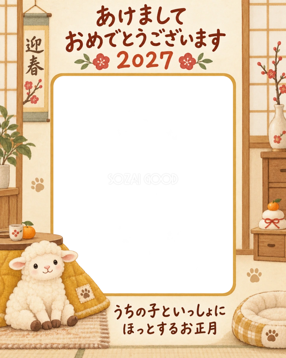 縦長のこたつと羊のペット写真年賀状|2027未年・無料イラスト 98699