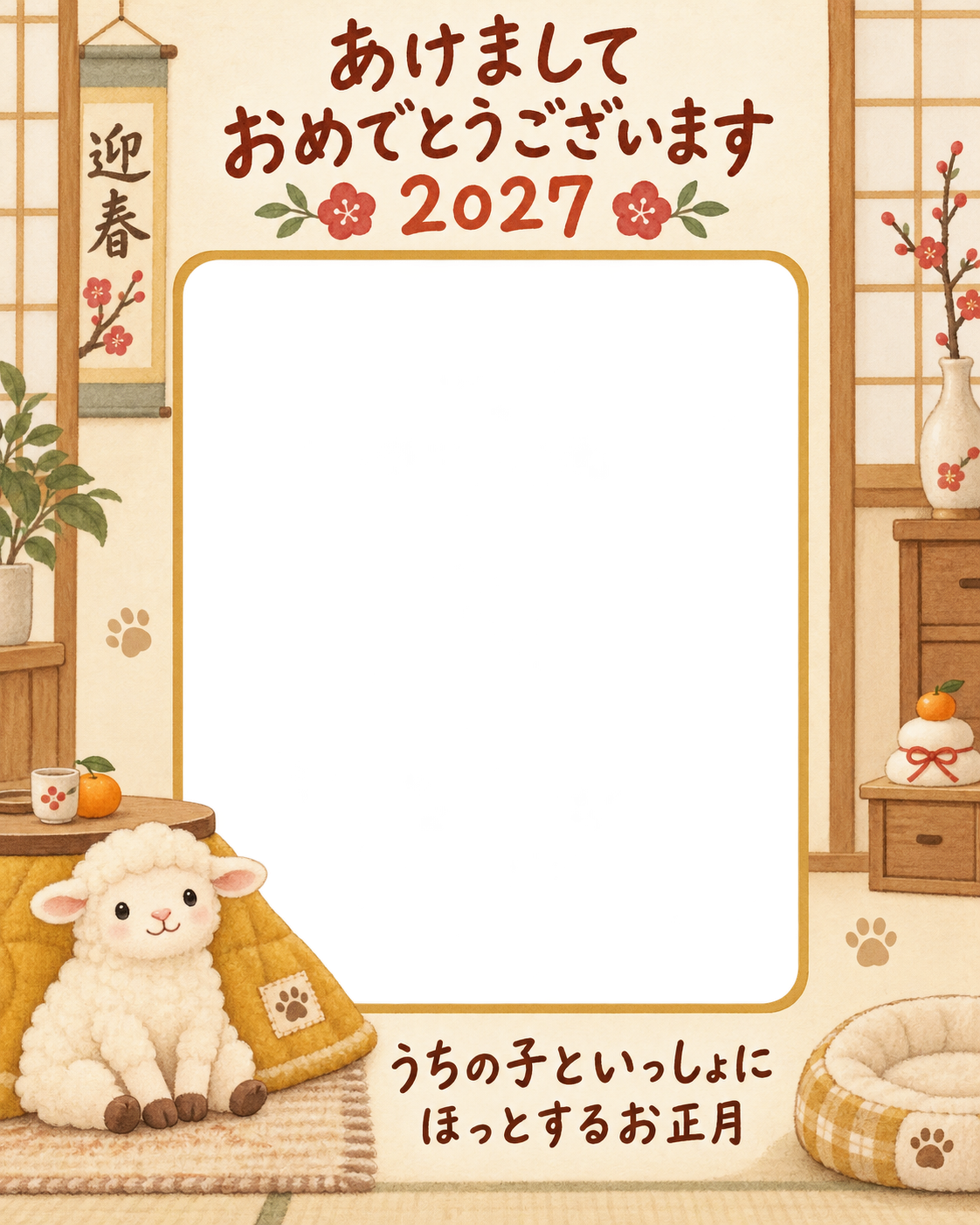 縦長のこたつと羊のペット写真年賀状｜2027未年・無料イラスト 98699に写真・文字を入れる