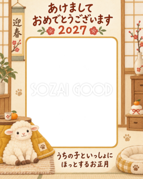 縦長のこたつと羊のペット写真年賀状｜2027未年・無料イラスト 98699