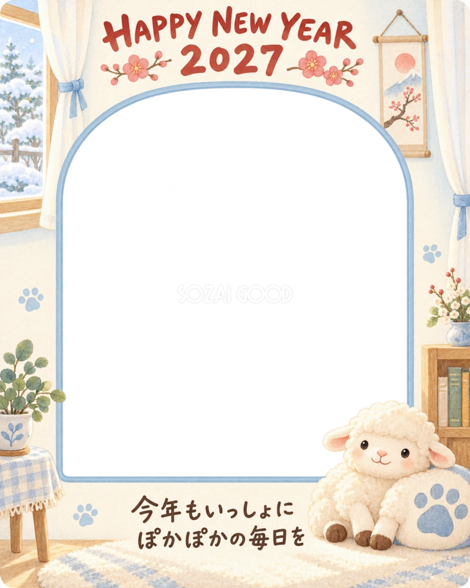 縦長の窓辺と羊のペット写真年賀状|2027未年・無料イラスト 98700