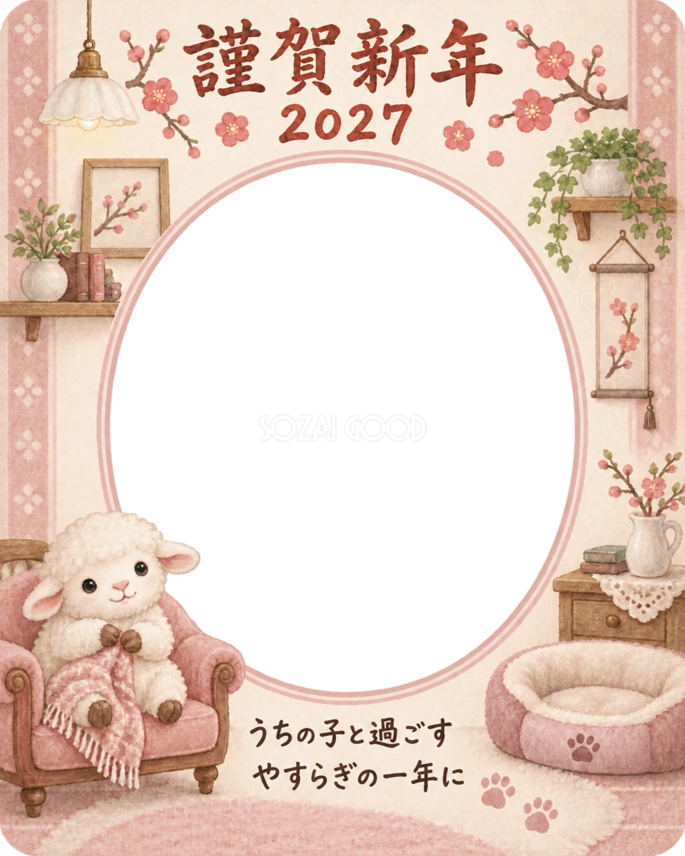 縦長のソファと羊のペット写真年賀状|2027未年・無料イラスト 98701