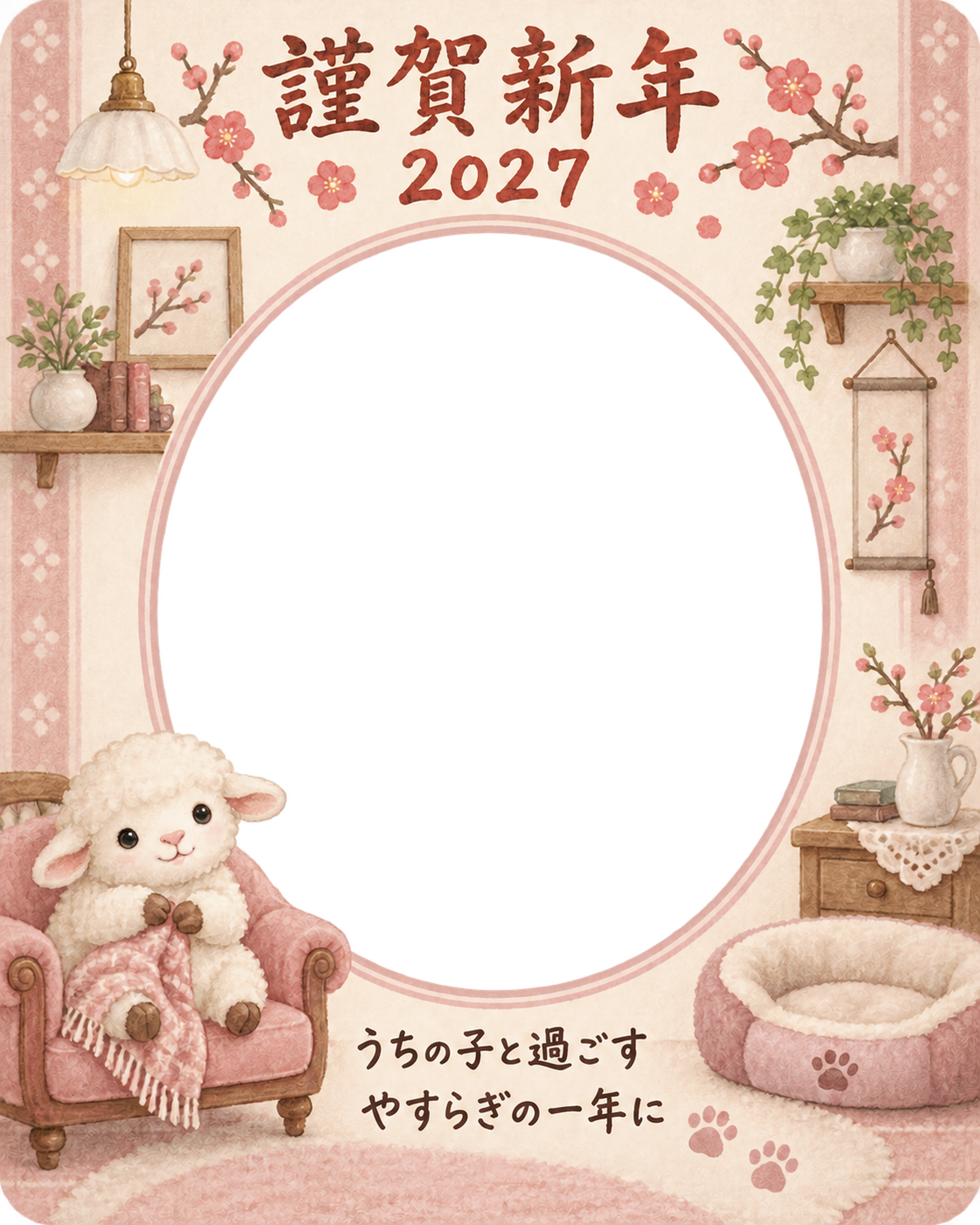 縦長のソファと羊のペット写真年賀状｜2027未年・無料イラスト 98701に写真・文字を入れる