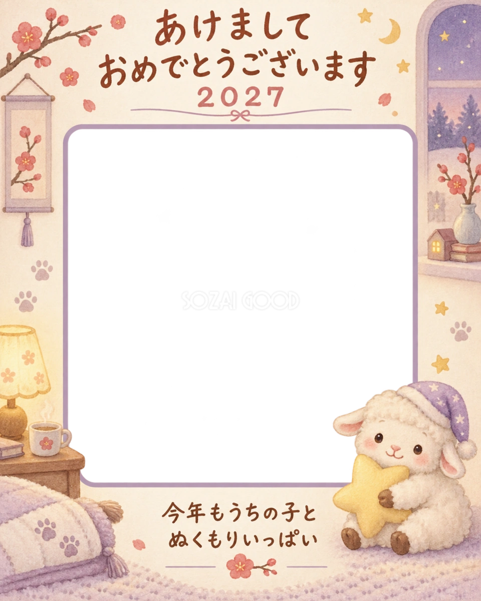 縦長の夜のお部屋と羊のペット写真年賀状|2027未年・無料イラスト 98702