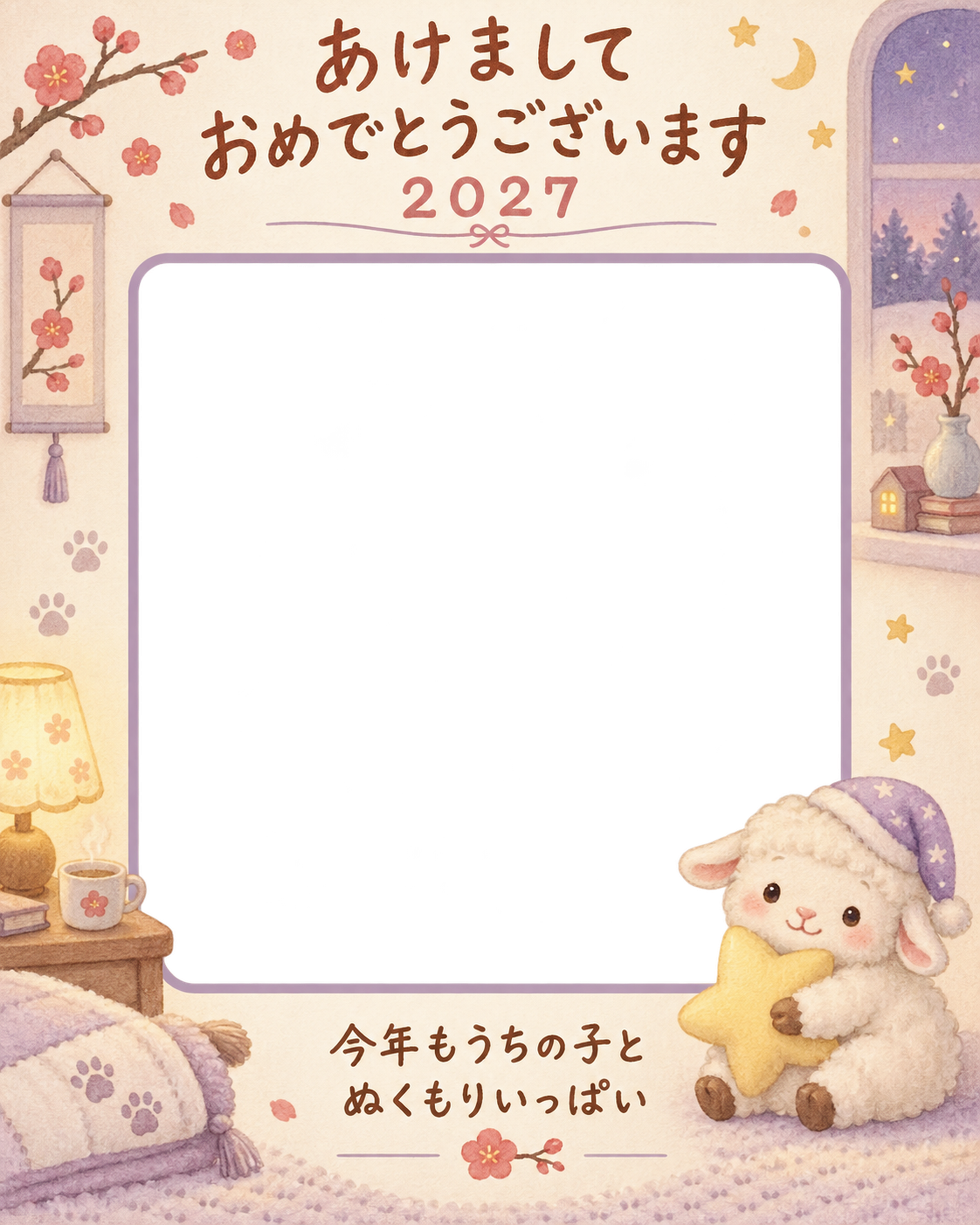 縦長の夜のお部屋と羊のペット写真年賀状｜2027未年・無料イラスト 98702に写真・文字を入れる