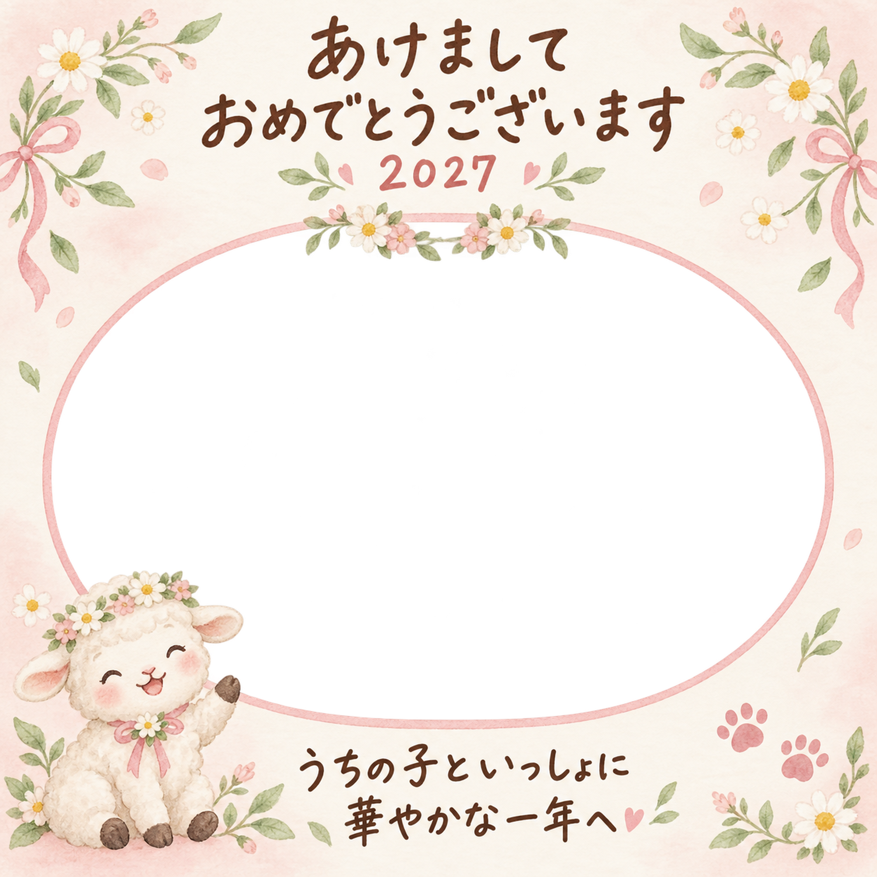 小花の花冠と羊のペット写真年賀状｜2027未年・無料イラスト 98704に写真・文字を入れる