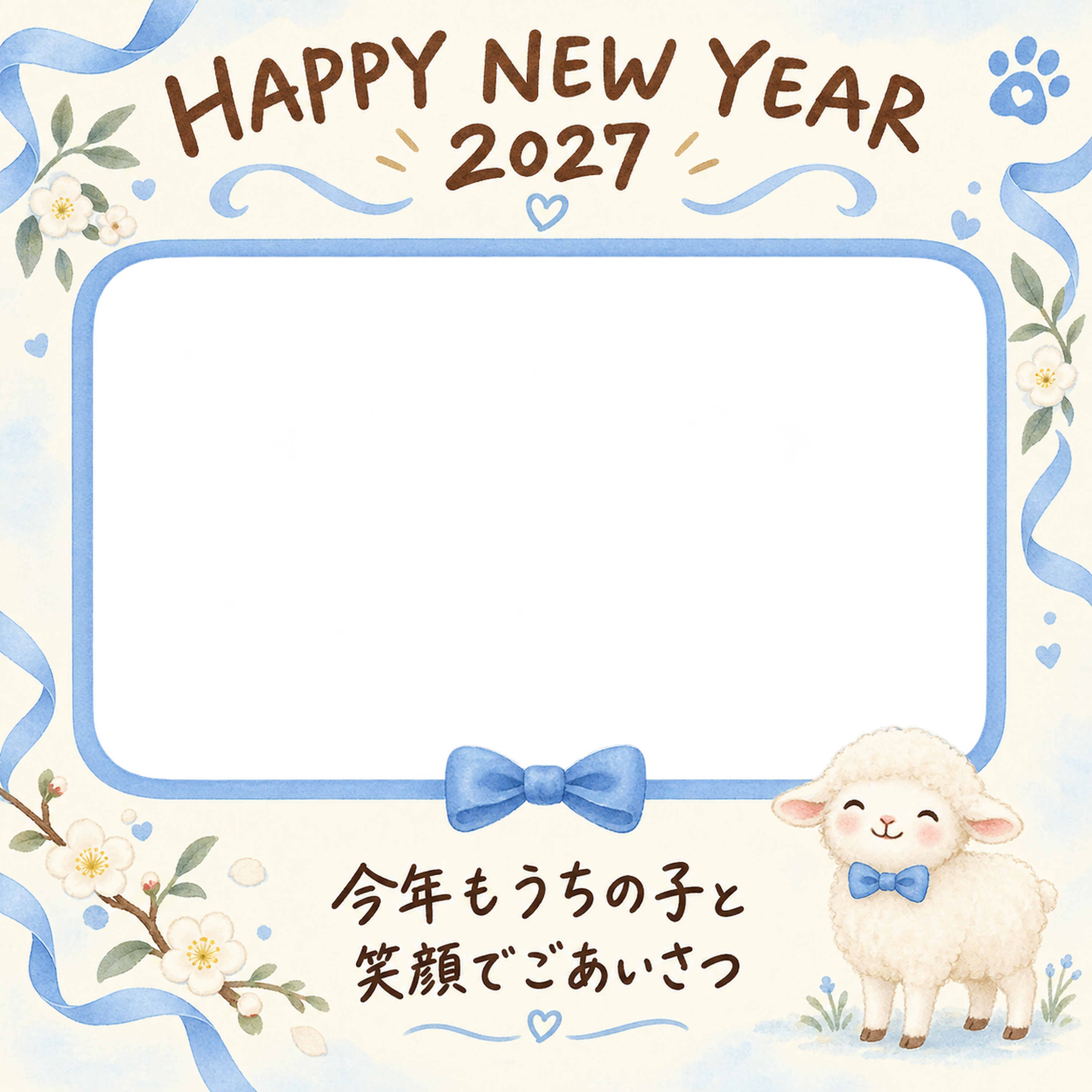 青い蝶ネクタイと羊のペット写真年賀状｜2027未年・無料イラスト 98705に写真・文字を入れる