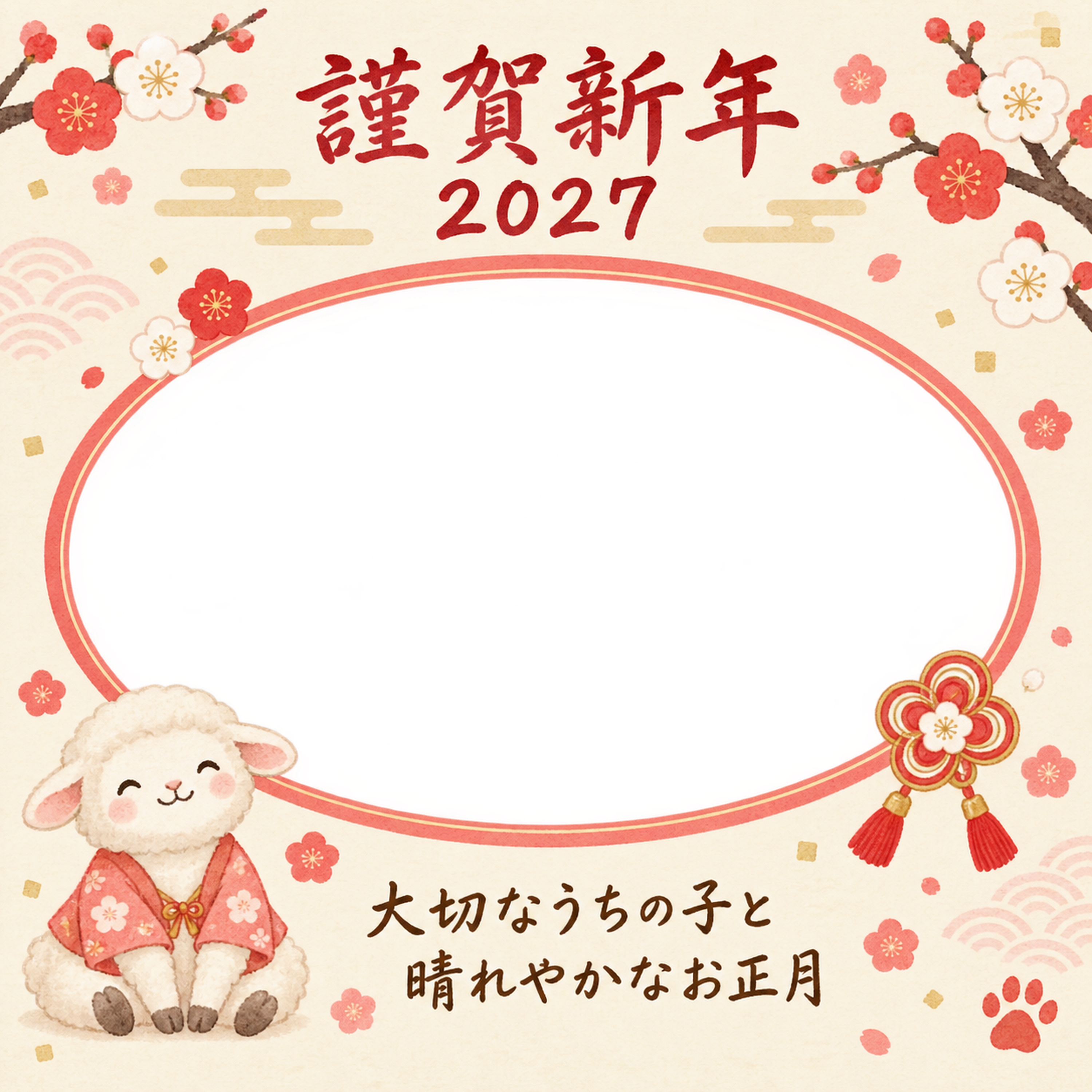 紅白の梅結びと羊のペット写真年賀状｜2027未年・無料イラスト 98706に写真・文字を入れる