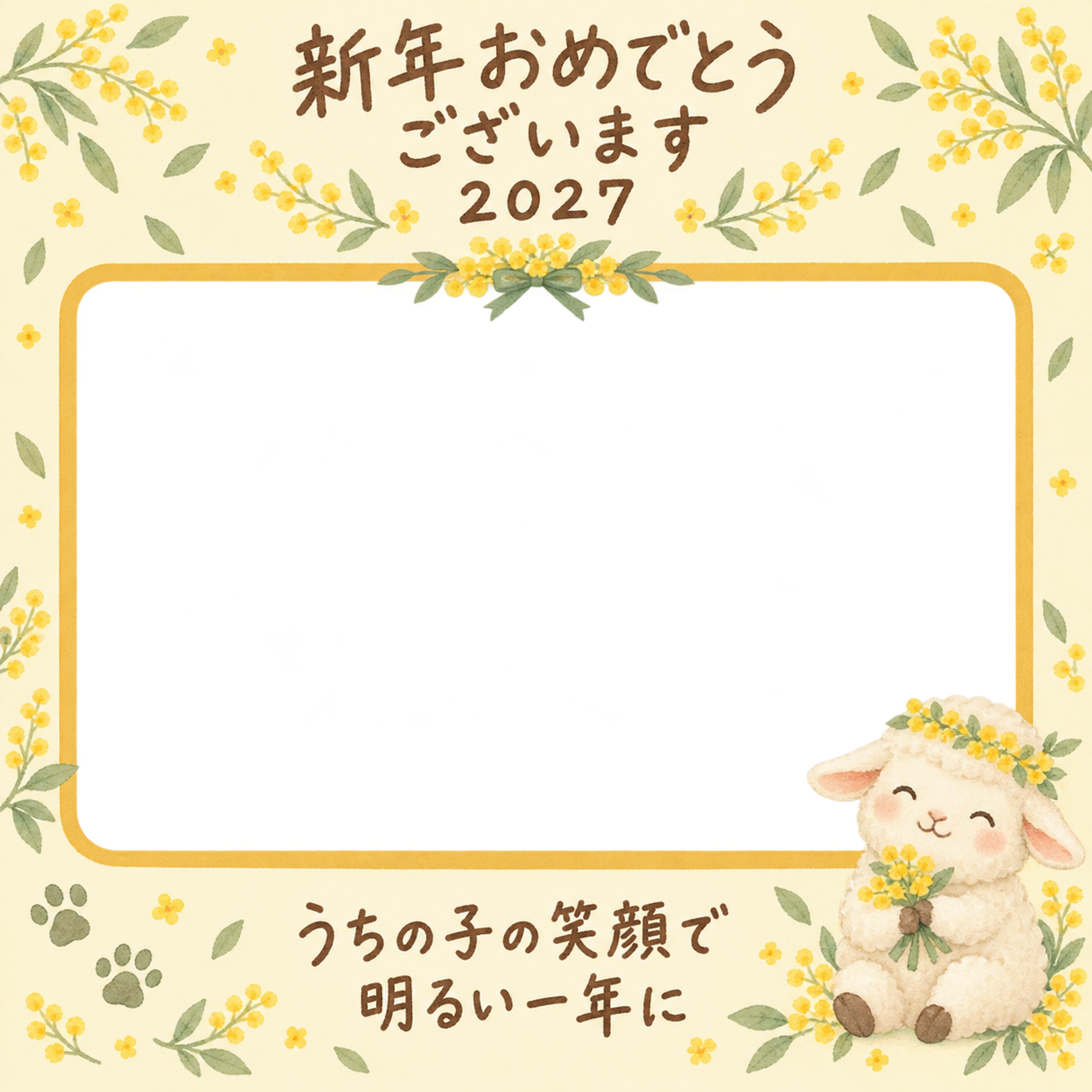 黄色の花冠と羊のペット写真年賀状｜2027未年・無料イラスト 98707に写真・文字を入れる