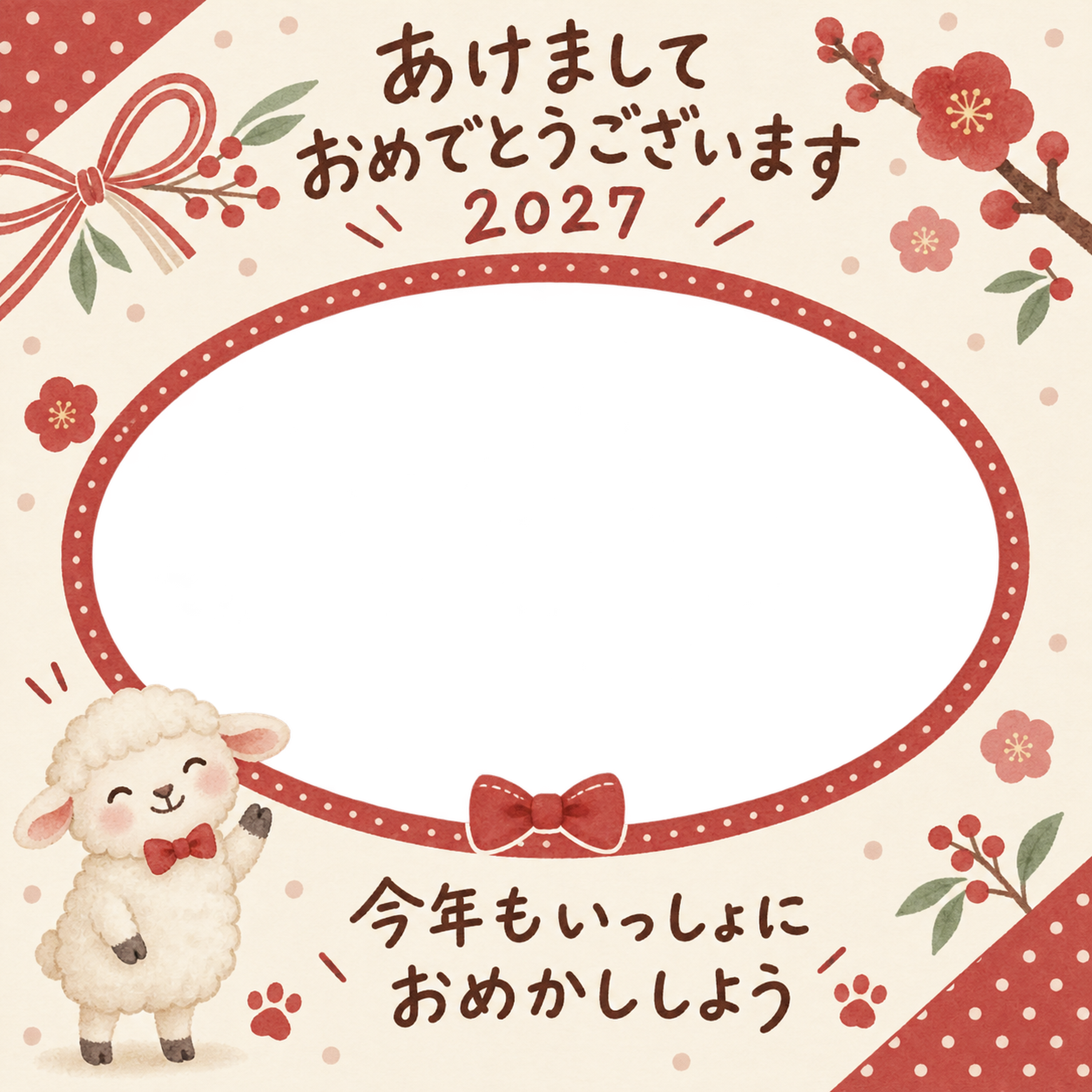 赤い蝶ネクタイと羊のペット写真年賀状｜2027未年・無料イラスト 98708に写真・文字を入れる