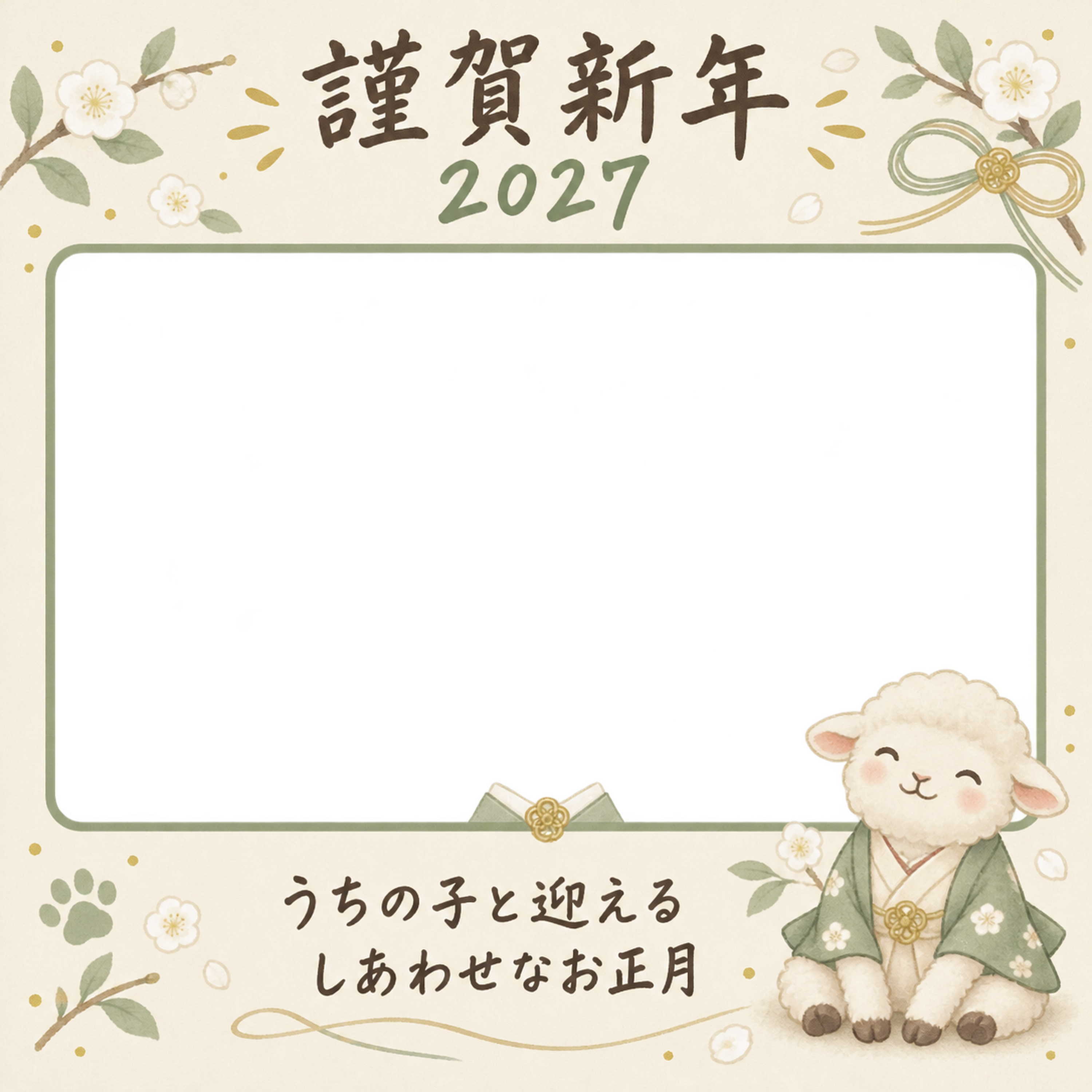 和装の襟飾りと羊のペット写真年賀状｜2027未年・無料イラスト 98709に写真・文字を入れる