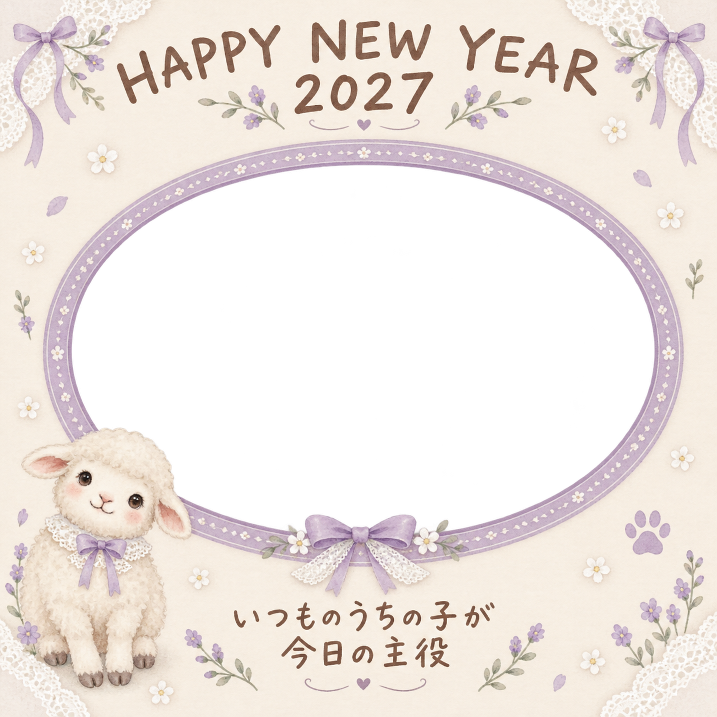 リボンとレースの羊のペット写真年賀状｜2027未年・無料イラスト 98710に写真・文字を入れる