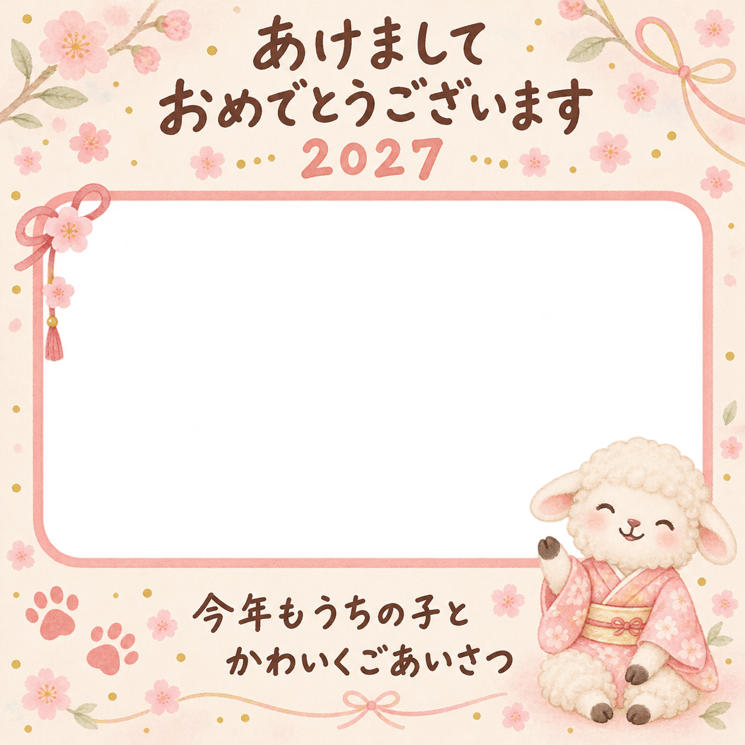 桜色の和装飾りと羊のペット写真年賀状｜2027未年・無料イラスト 98711に写真・文字を入れる