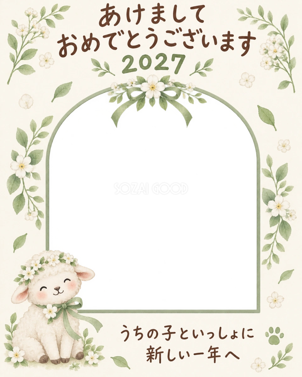 縦長の白い花冠と羊のペット写真年賀状|2027未年・無料イラスト 98712