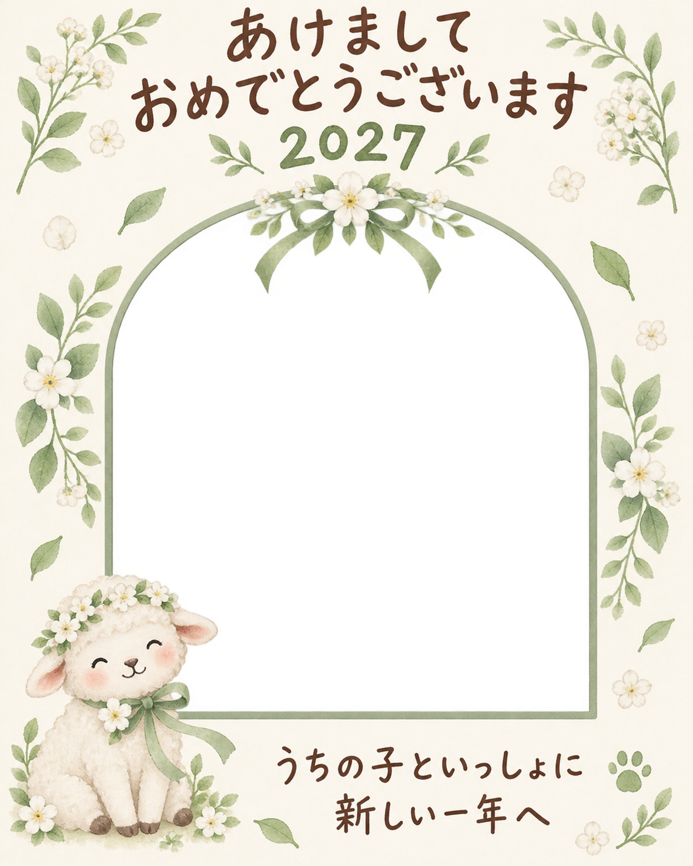 縦長の白い花冠と羊のペット写真年賀状｜2027未年・無料イラスト 98712に写真・文字を入れる