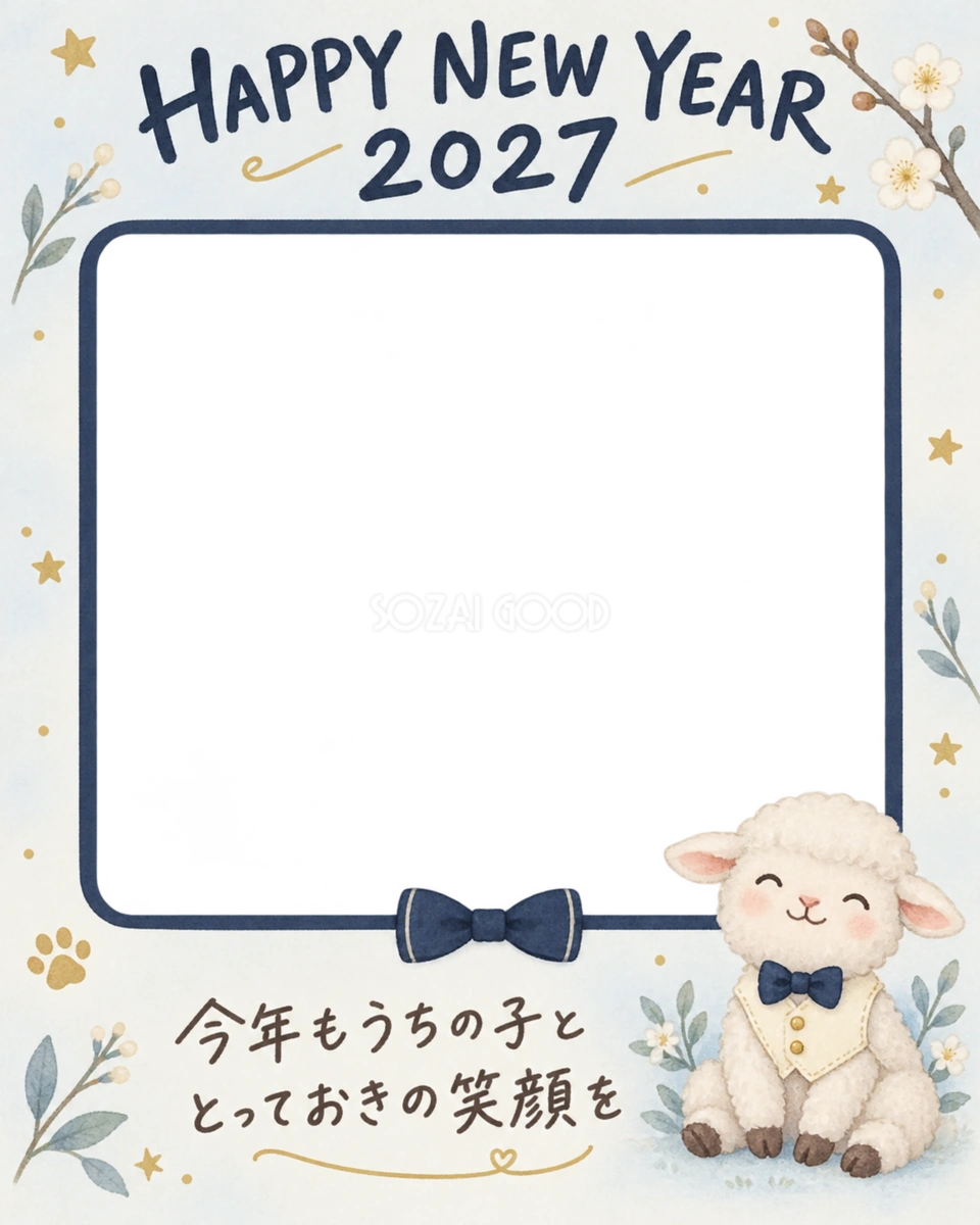 縦長の紺の蝶ネクタイと羊のペット写真年賀状|2027未年・無料イラスト 98713