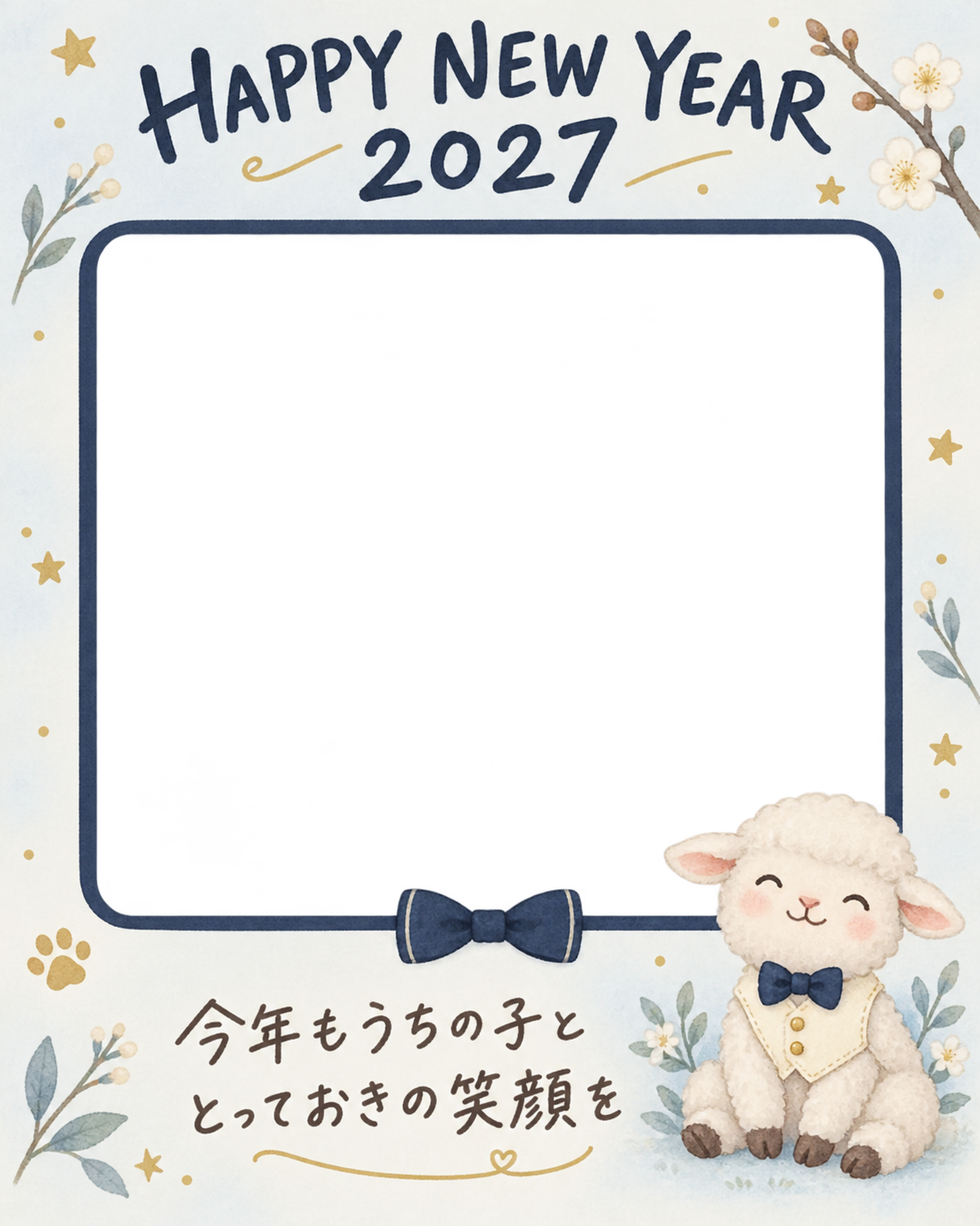 縦長の紺の蝶ネクタイと羊のペット写真年賀状｜2027未年・無料イラスト 98713に写真・文字を入れる