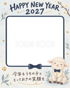 縦長の紺の蝶ネクタイと羊のペット写真年賀状｜2027未年・無料イラスト 98713