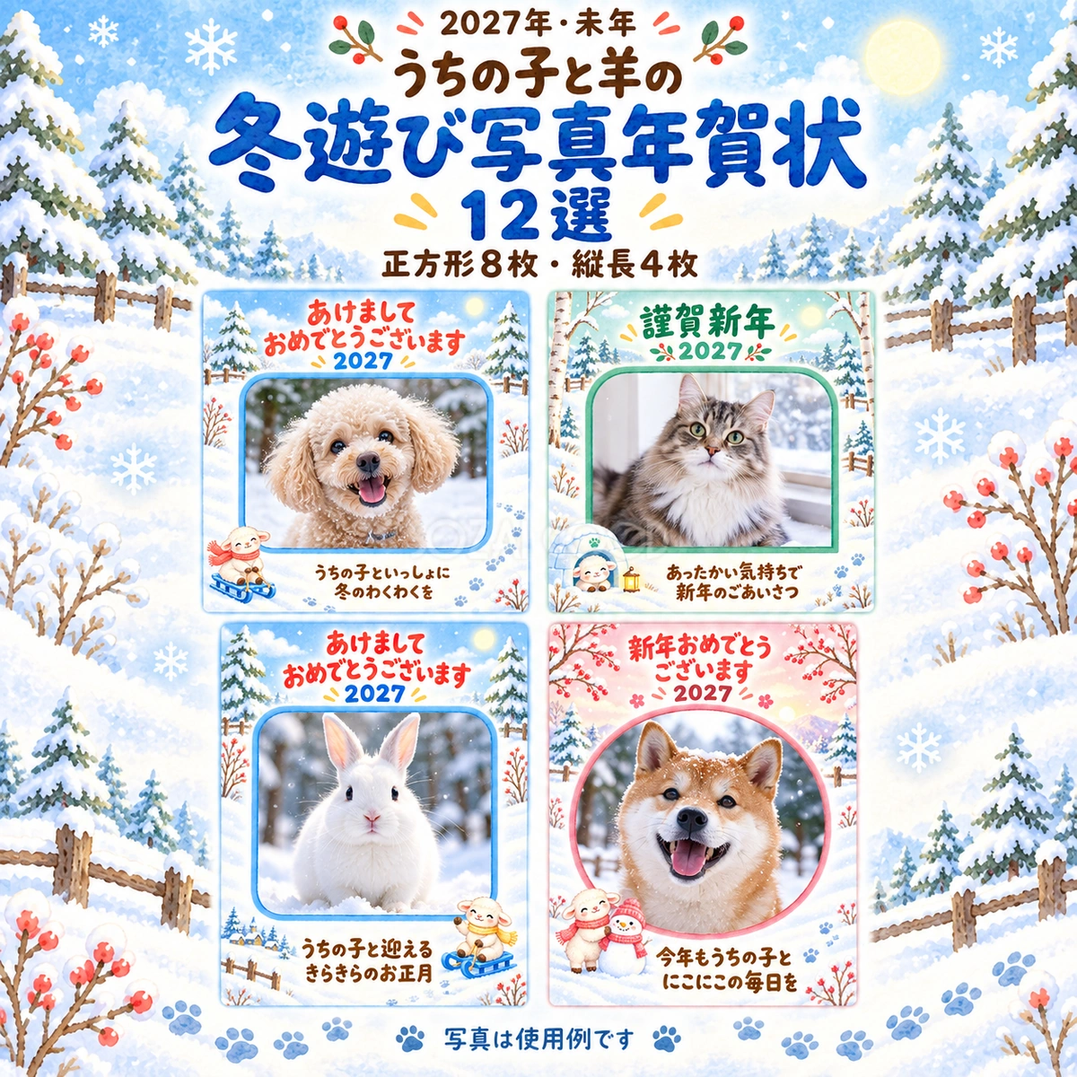 うちの子と羊の冬遊び写真年賀状12選|2027未年・ペット向けの無料イラスト 98716