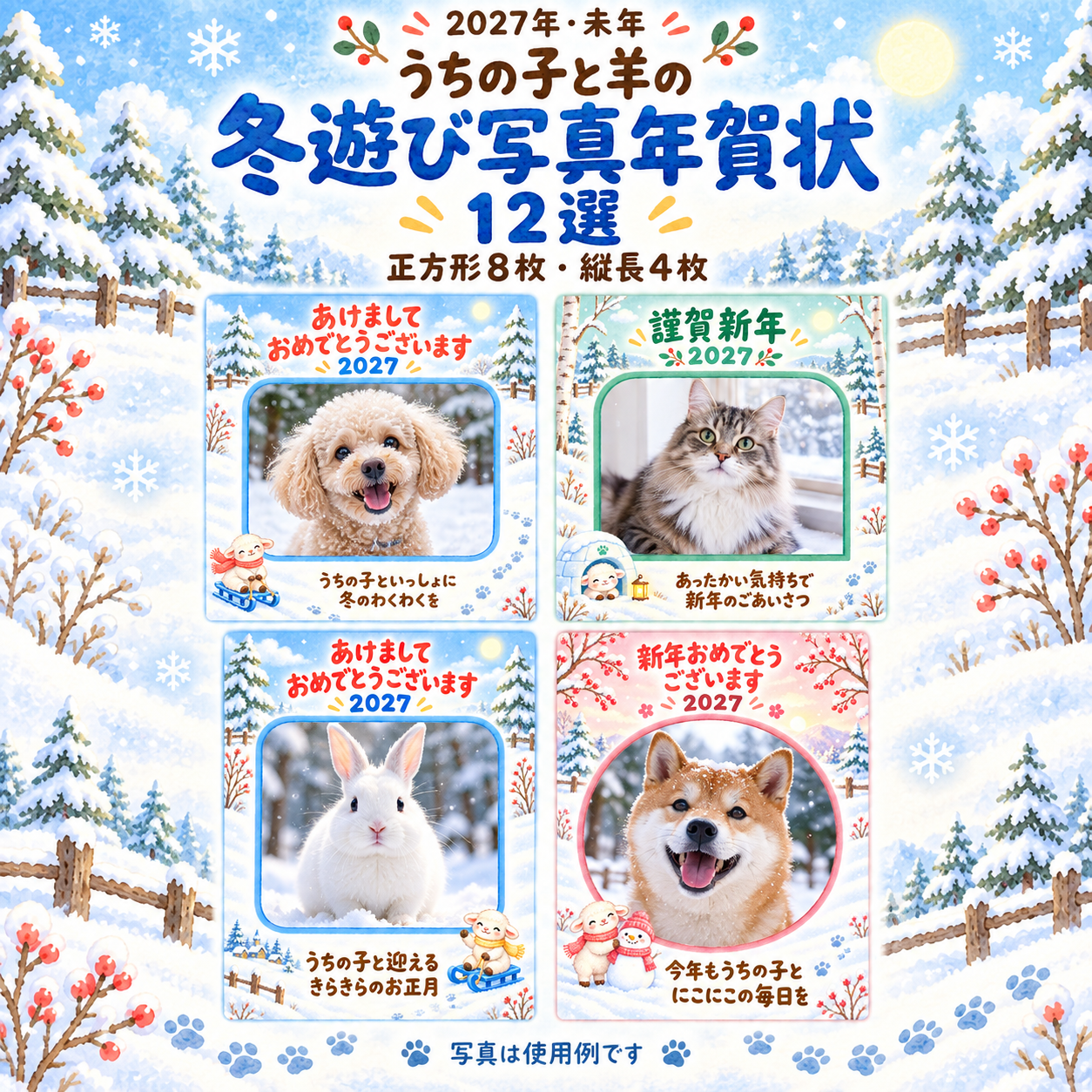 うちの子と羊の冬遊び写真年賀状12選｜2027未年・ペット向けの無料イラスト 98716に写真・文字を入れる