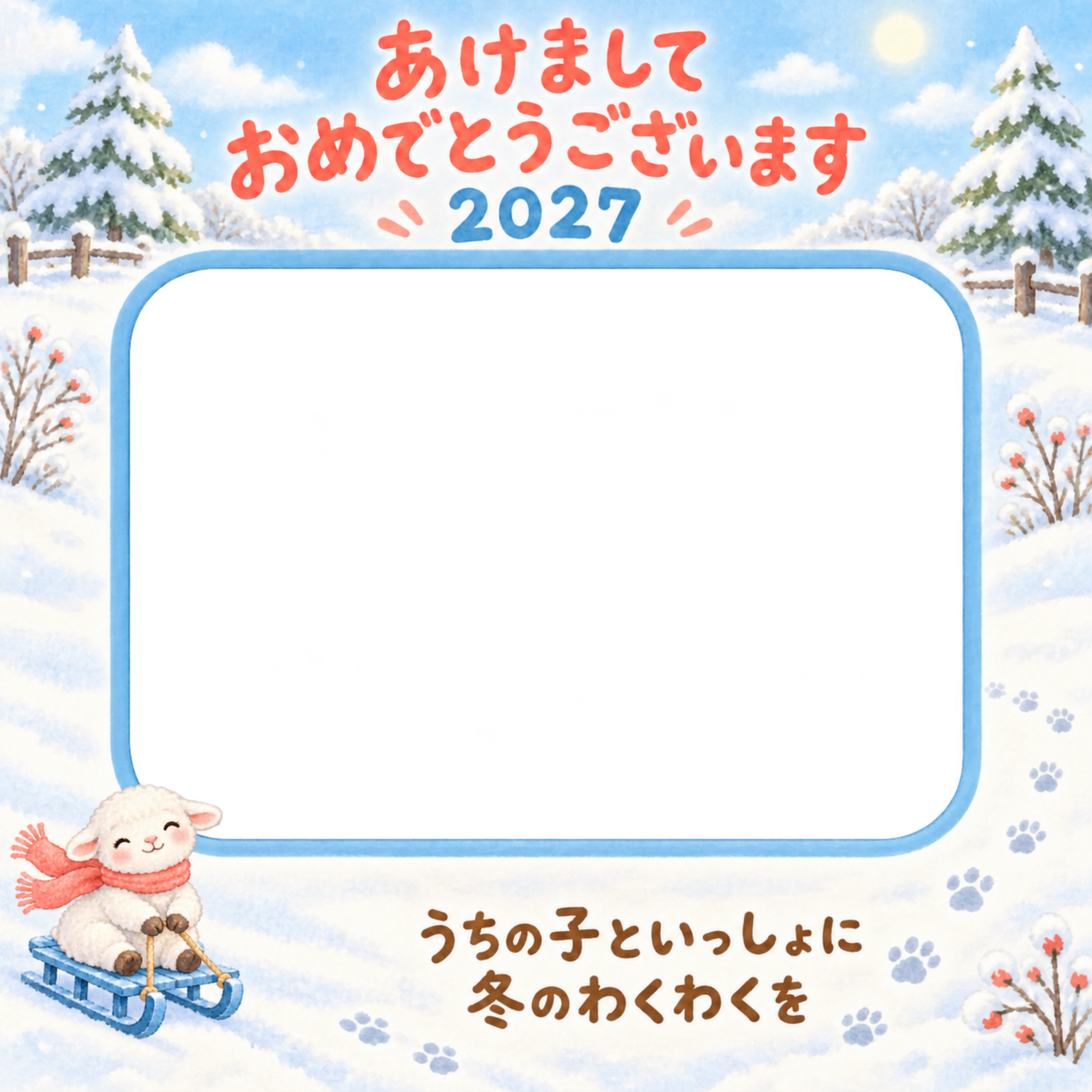 そりで雪のおさんぽのペット写真年賀状｜2027未年・無料イラスト 98717に写真・文字を入れる