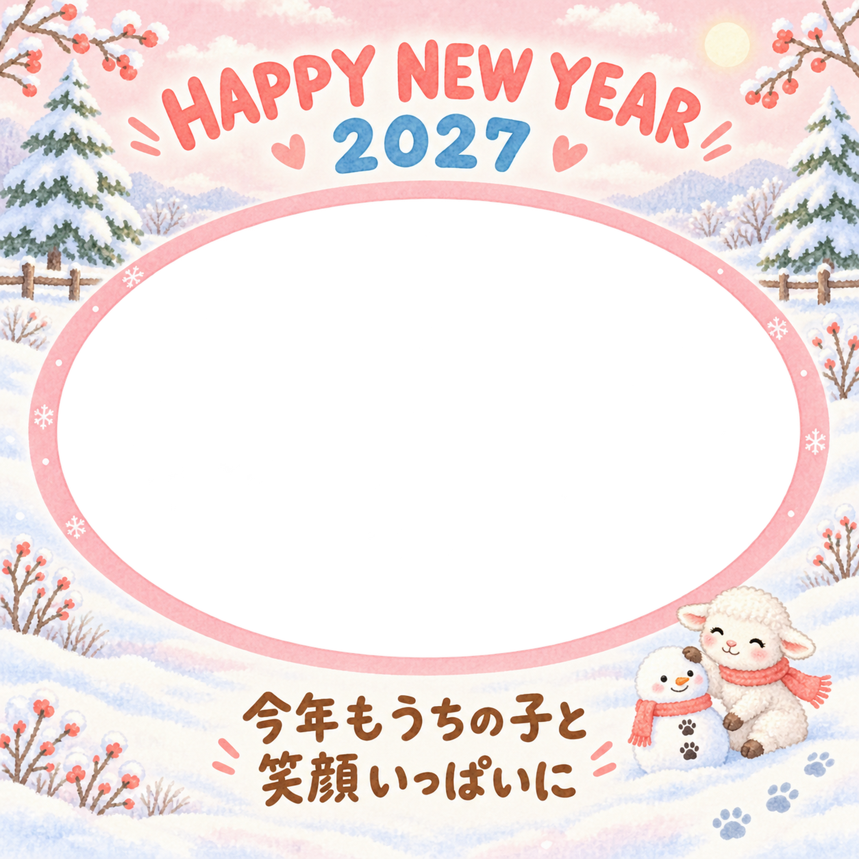 肉球ボタンの雪だるまのペット写真年賀状｜2027未年・無料イラスト 98718に写真・文字を入れる