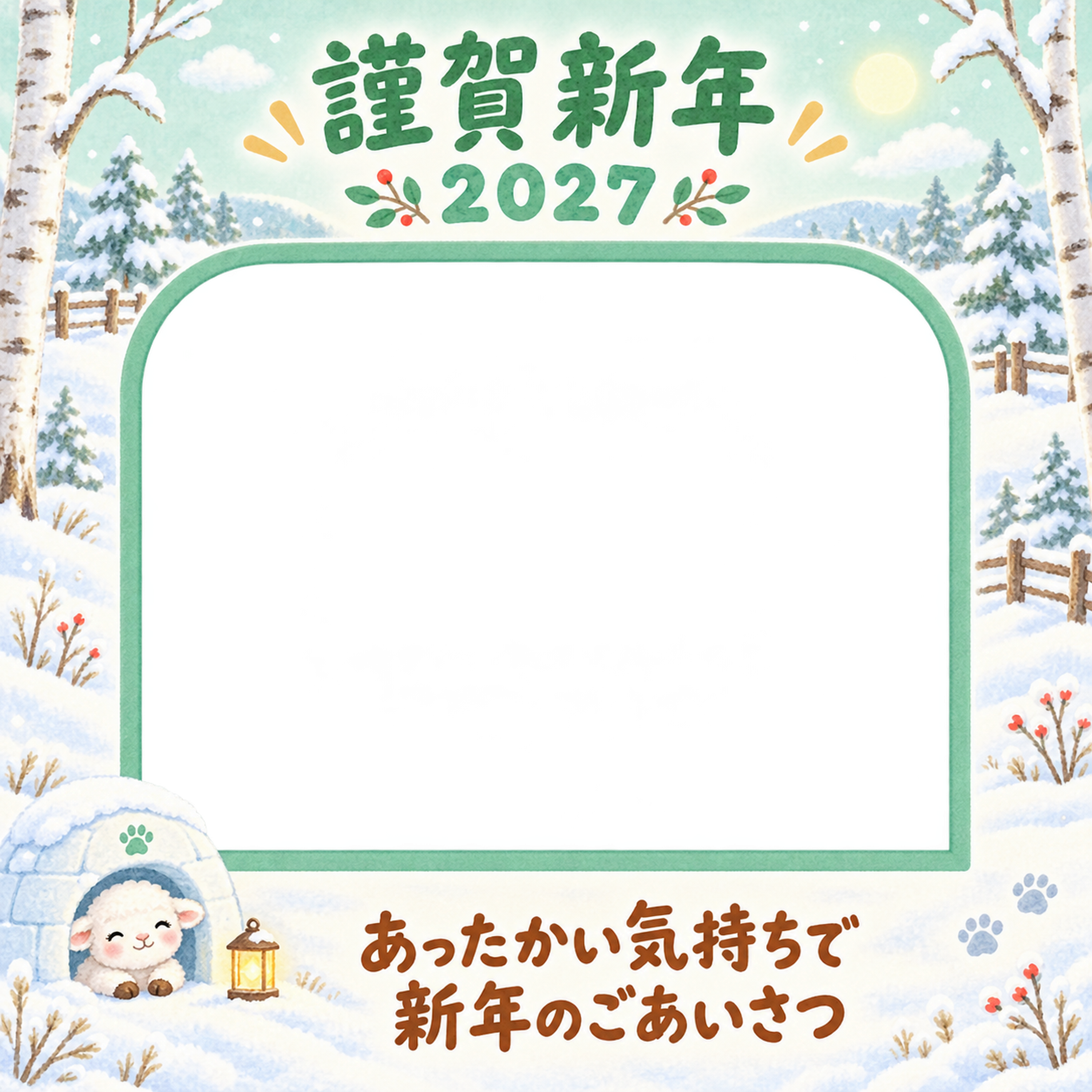 小さなかまくらのペット写真年賀状｜2027未年・無料イラスト 98719に写真・文字を入れる
