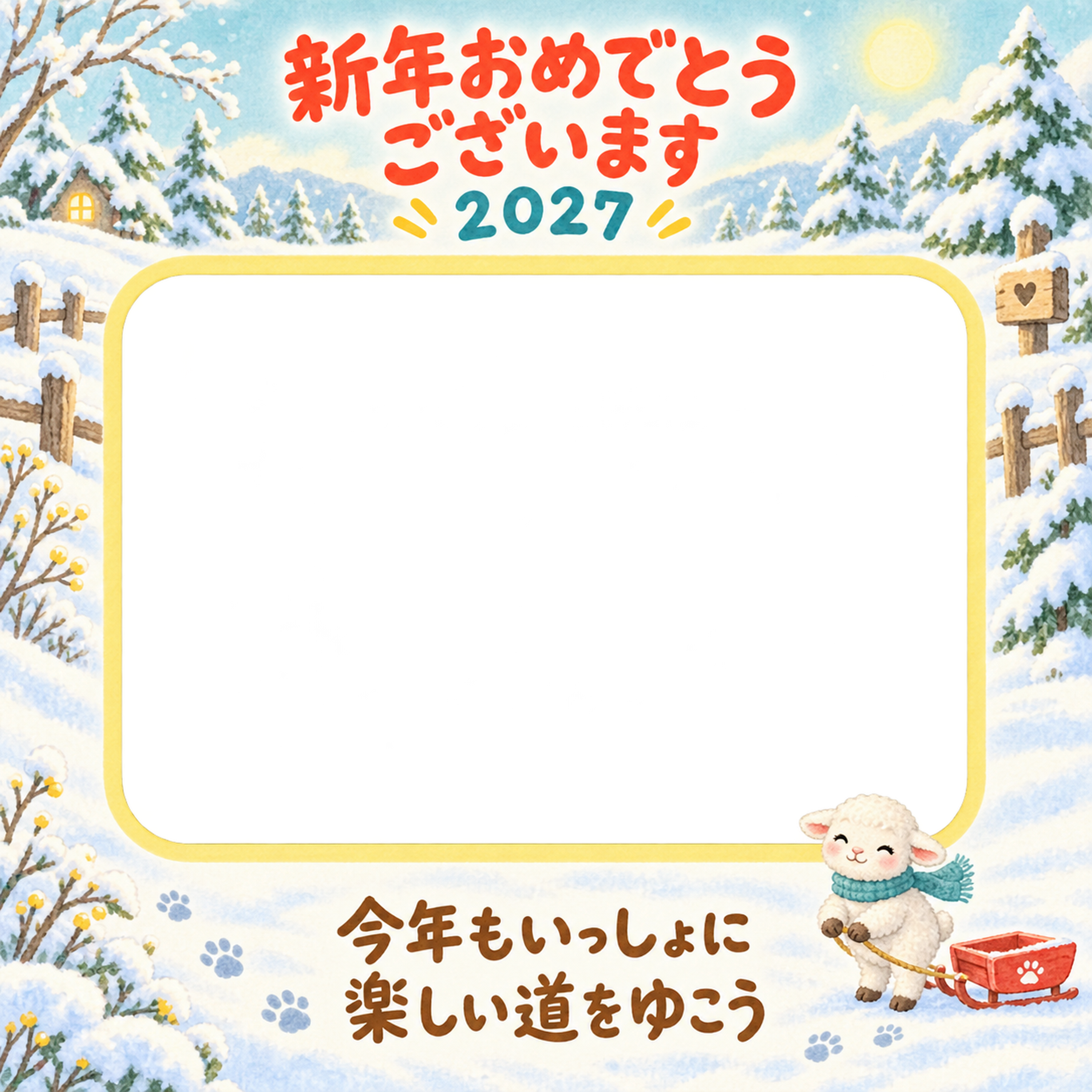 そりを引く羊のペット写真年賀状｜2027未年・無料イラスト 98720に写真・文字を入れる
