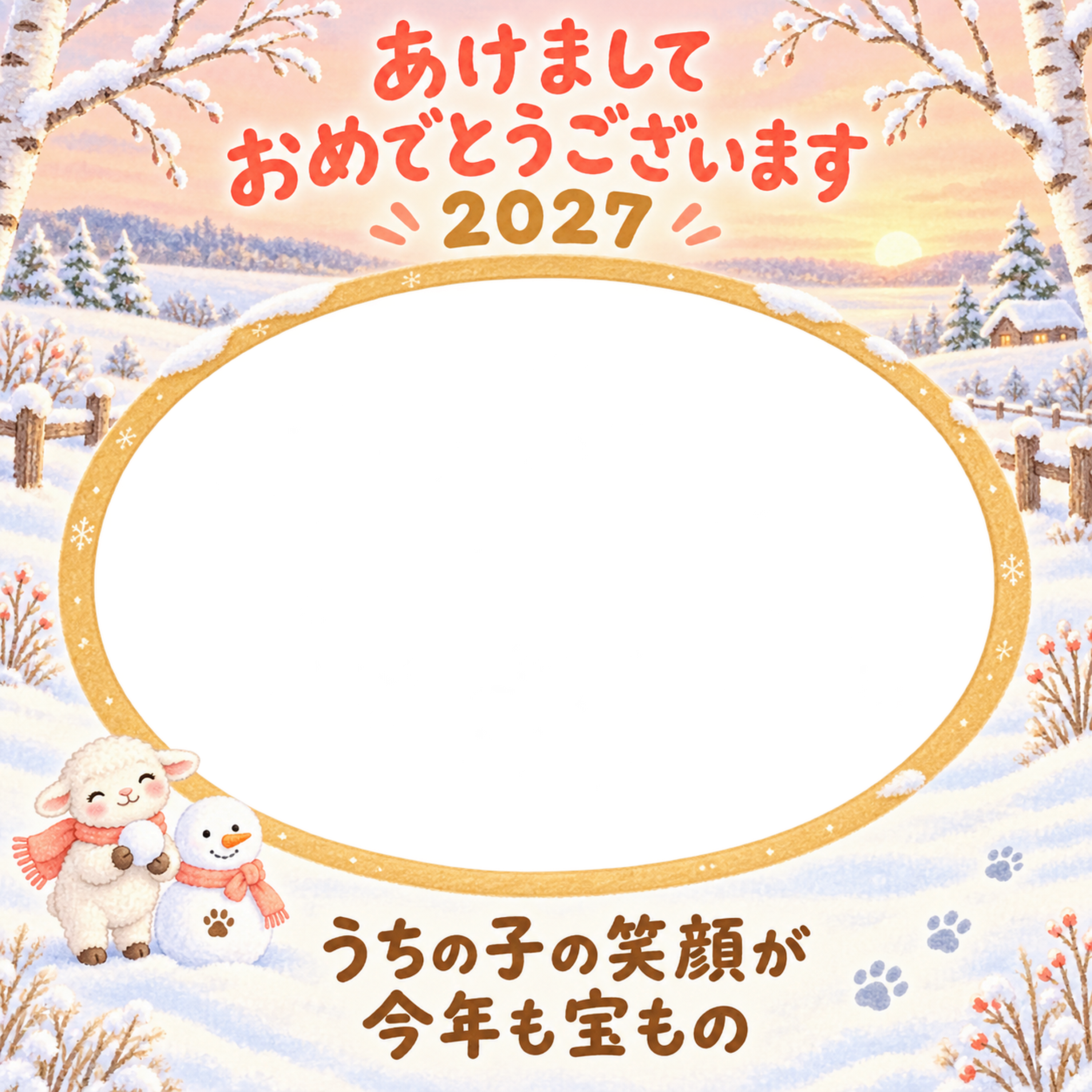 雪だるまづくりのペット写真年賀状｜2027未年・無料イラスト 98721に写真・文字を入れる