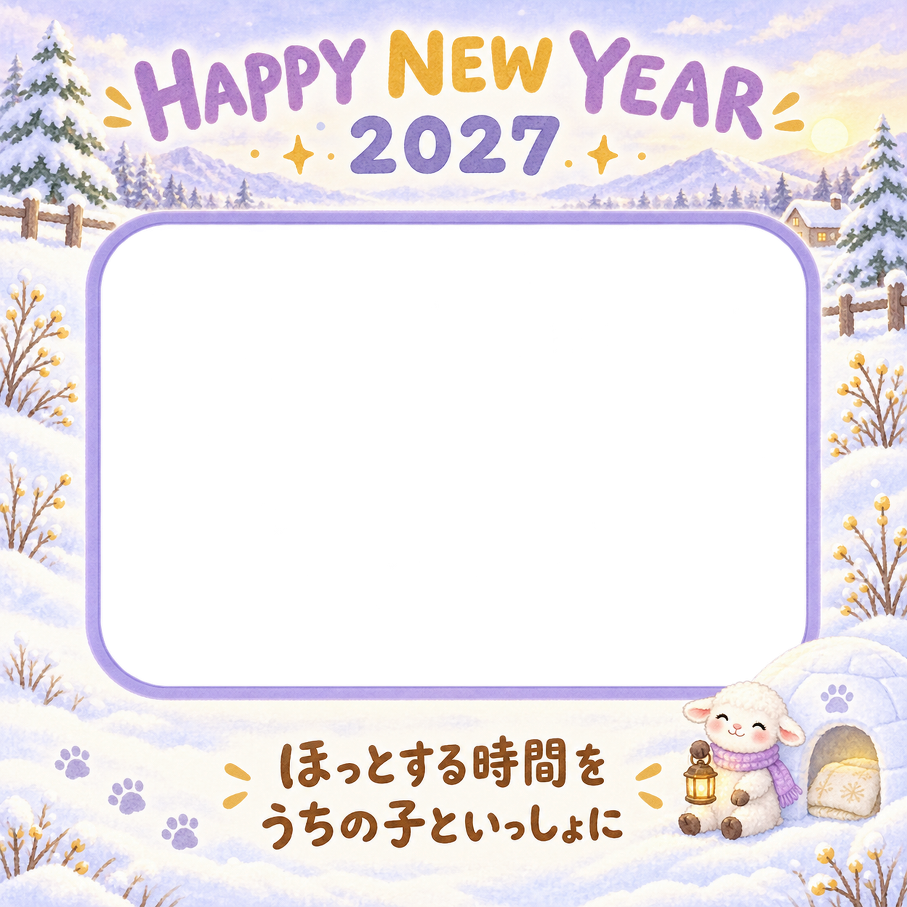 かまくらの灯りのペット写真年賀状｜2027未年・無料イラスト 98722に写真・文字を入れる