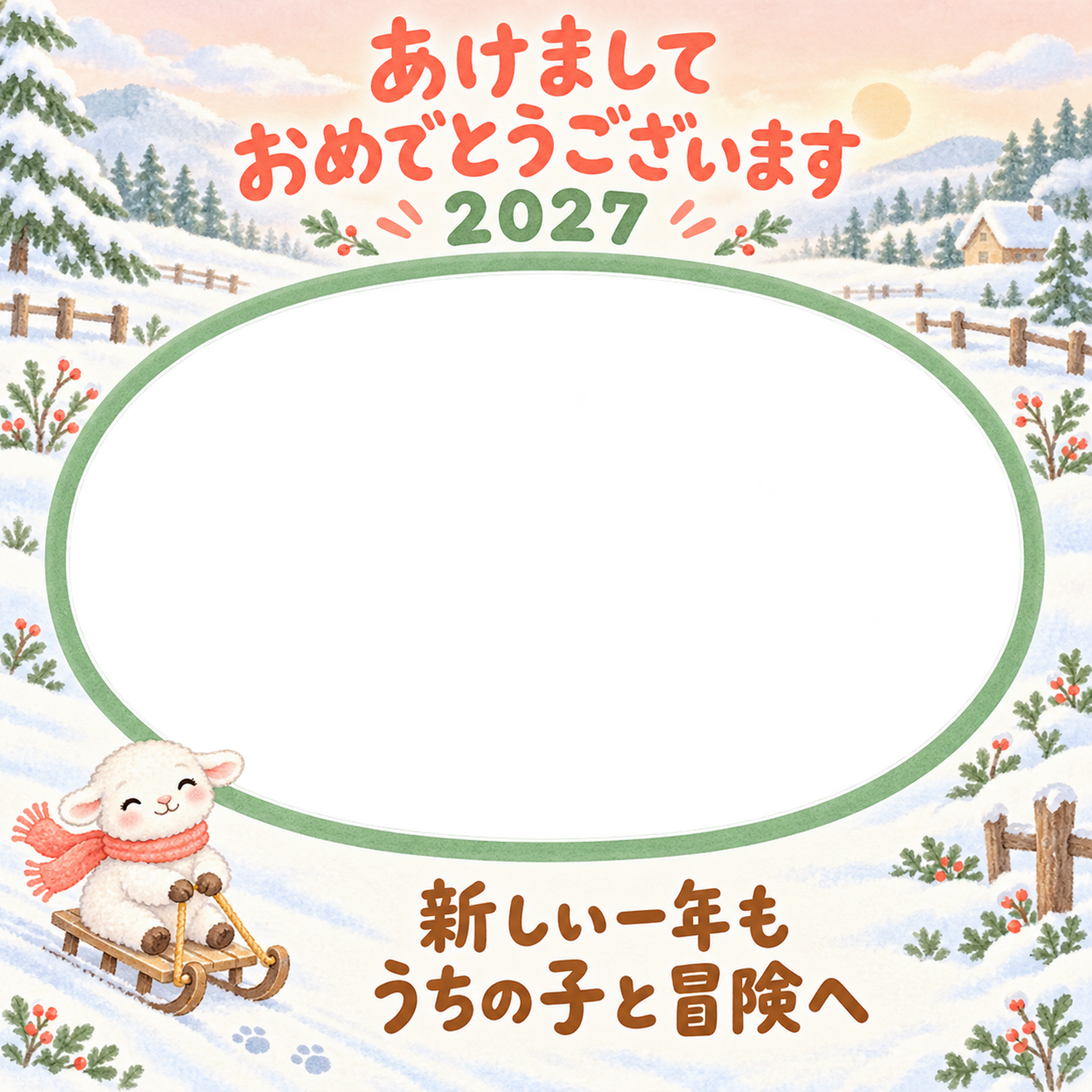 雪の丘のそりのペット写真年賀状｜2027未年・無料イラスト 98723に写真・文字を入れる