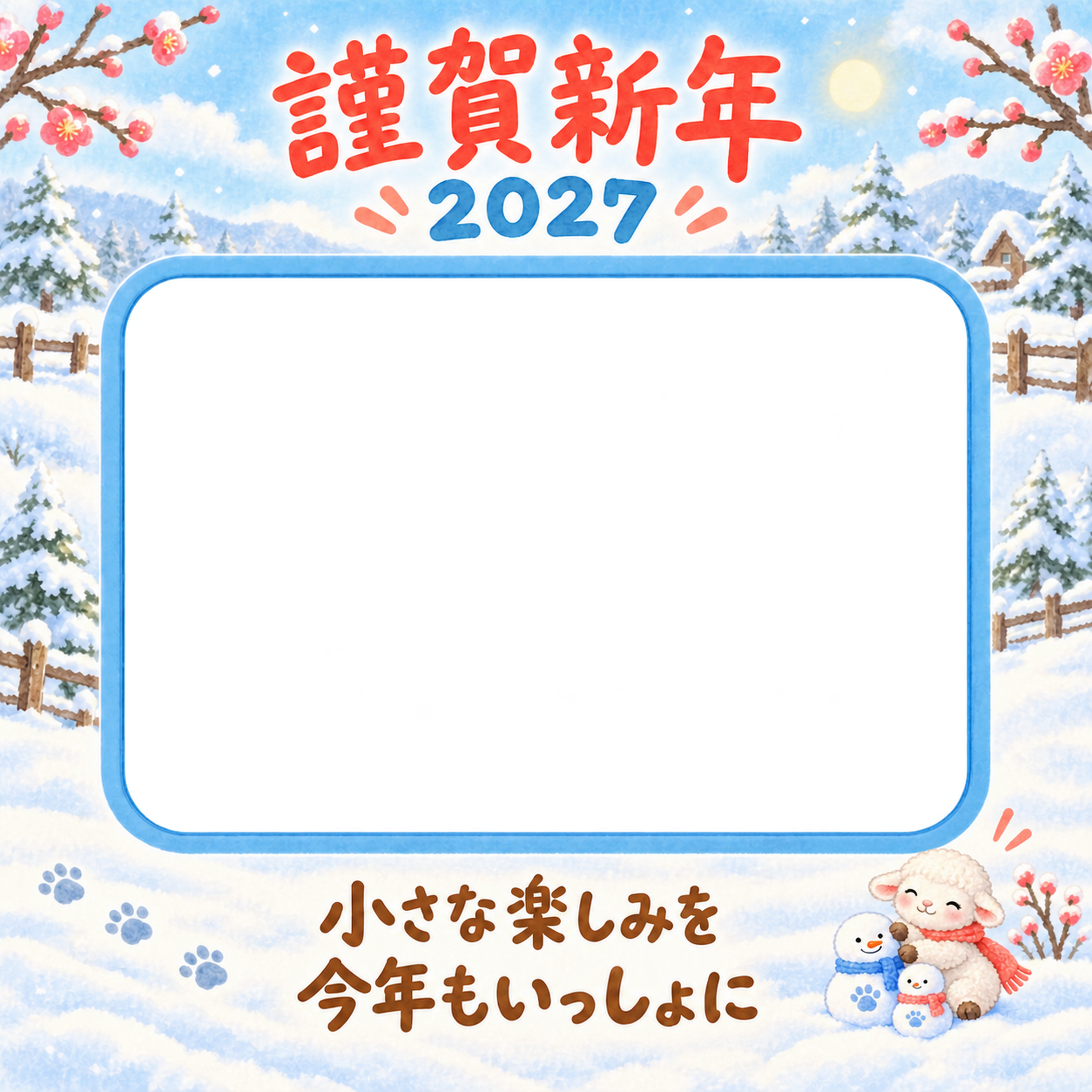 雪の足あとあそびのペット写真年賀状｜2027未年・無料イラスト 98724に写真・文字を入れる