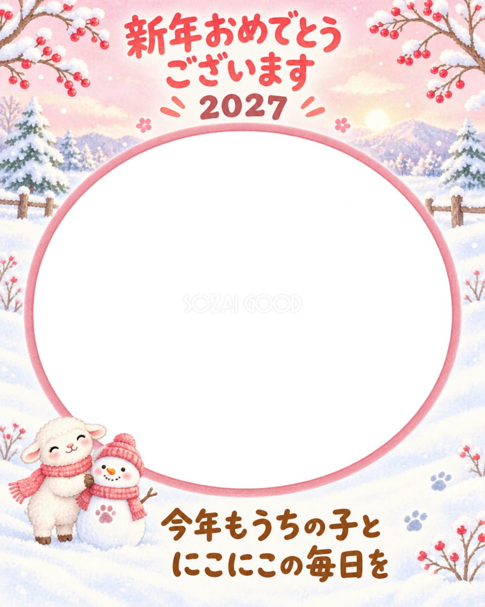 縦長の雪だるまとなかよしのペット写真年賀状|2027未年・無料イラスト 98726