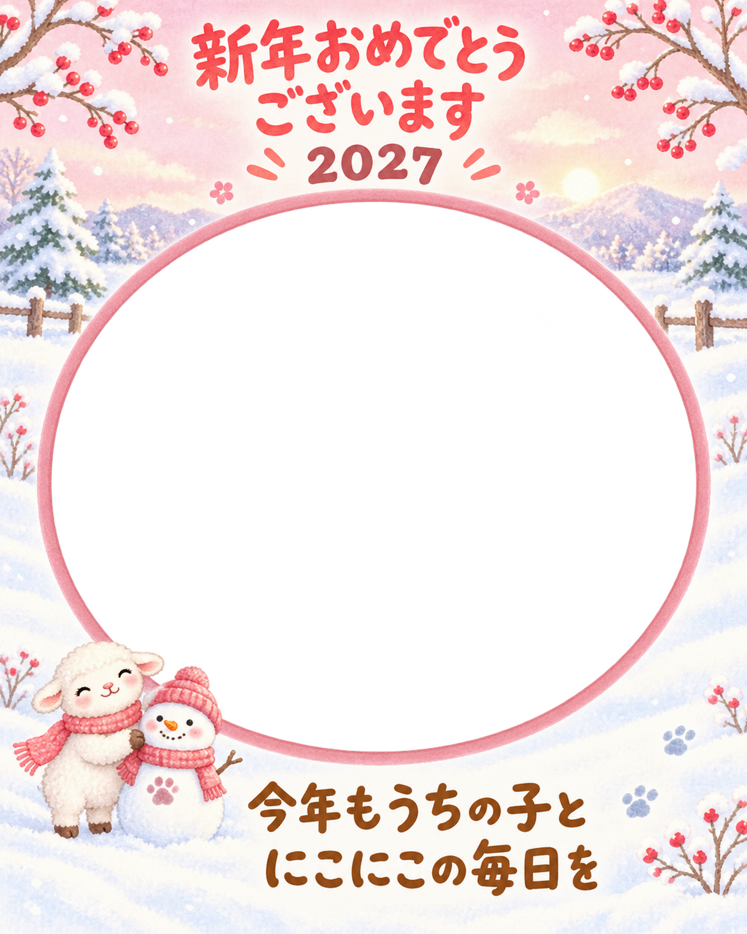 縦長の雪だるまとなかよしのペット写真年賀状｜2027未年・無料イラスト 98726に写真・文字を入れる