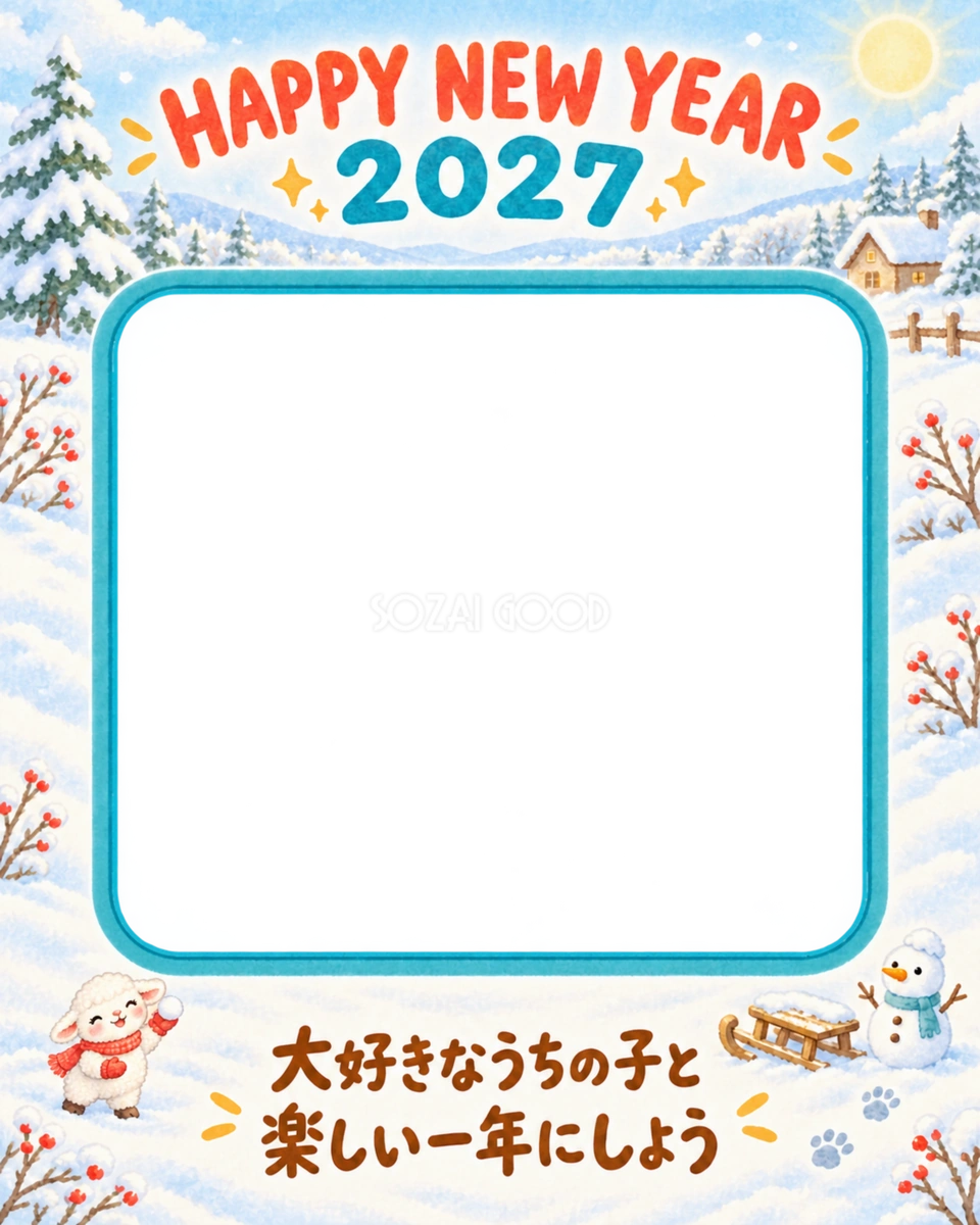 縦長の雪のお祝いのペット写真年賀状|2027未年・無料イラスト 98728