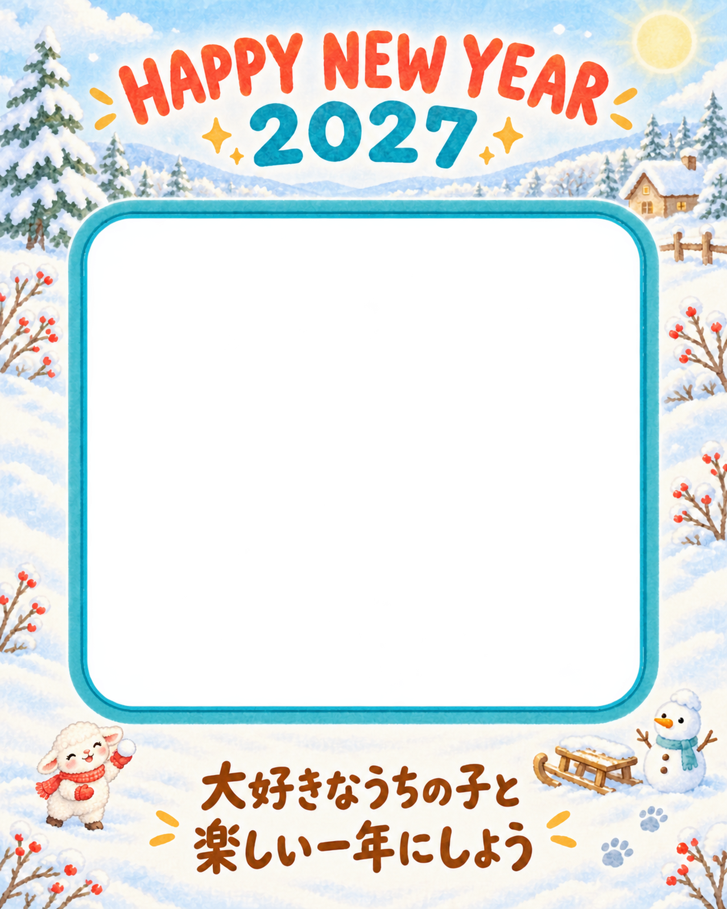 縦長の雪のお祝いのペット写真年賀状｜2027未年・無料イラスト 98728に写真・文字を入れる