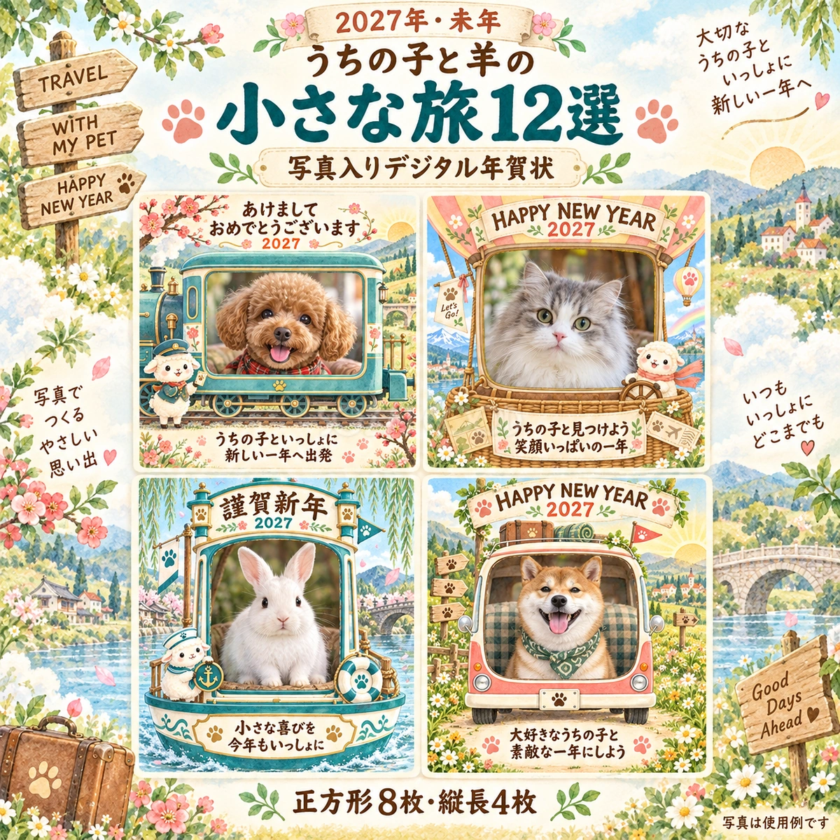 うちの子と羊の小さな旅12選｜2027未年・ペット写真年賀状の無料イラスト 98729