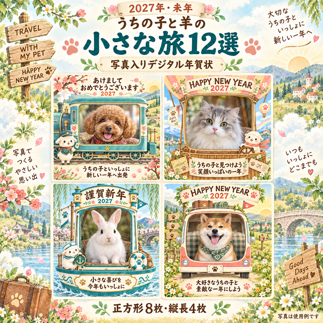 うちの子と羊の小さな旅12選｜2027未年・ペット写真年賀状の無料イラスト 98729に写真・文字を入れる
